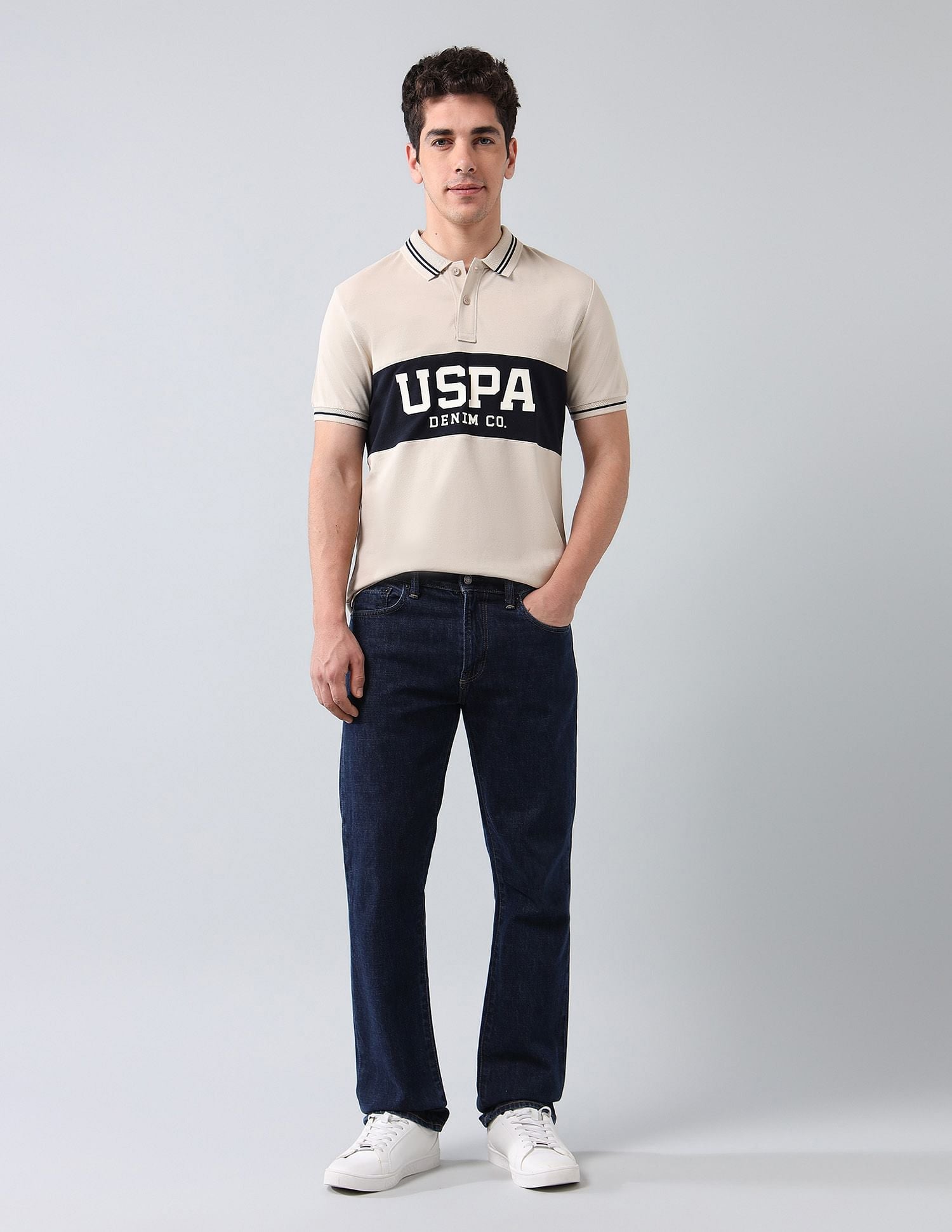 Muscle Fit Brand Printed Polo Shirt Beige - U.S. Polo Assn. India | Large