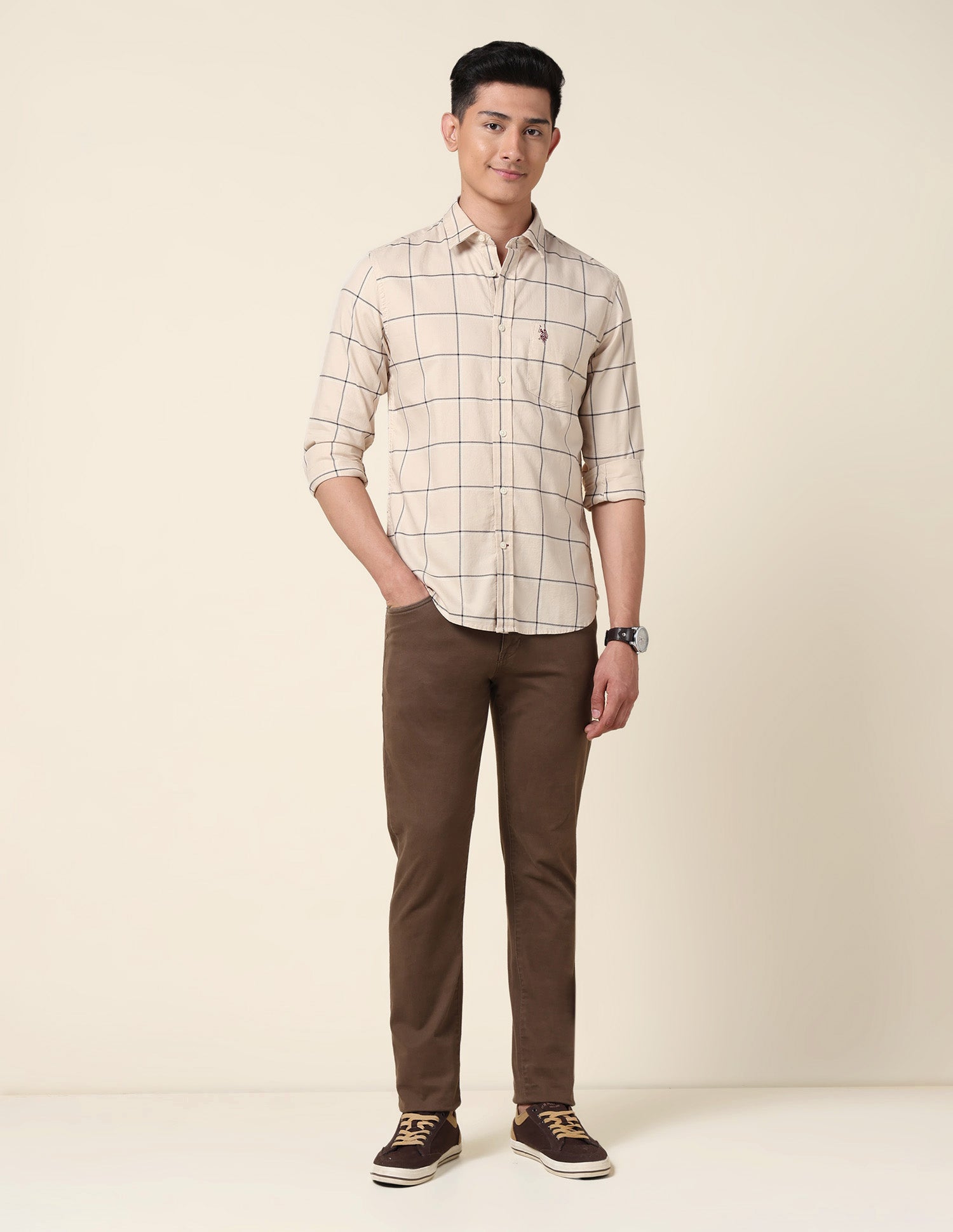 Windowpane Checked Tailored Fit Shirt Beige - U.S. Polo Assn. India | Large
