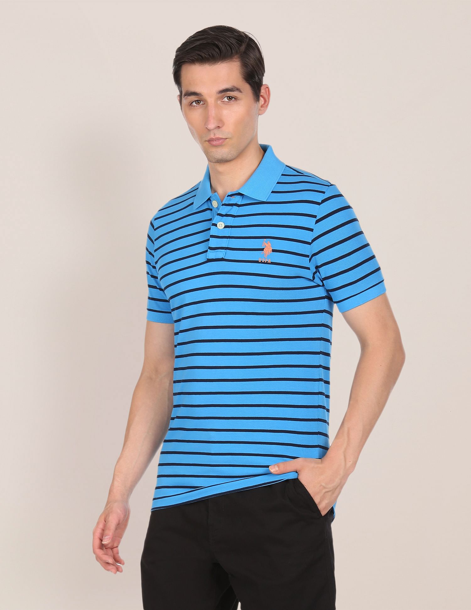 Ribbed Collar Striped Polo Shirt Blue - U.S. Polo Assn. India | Large