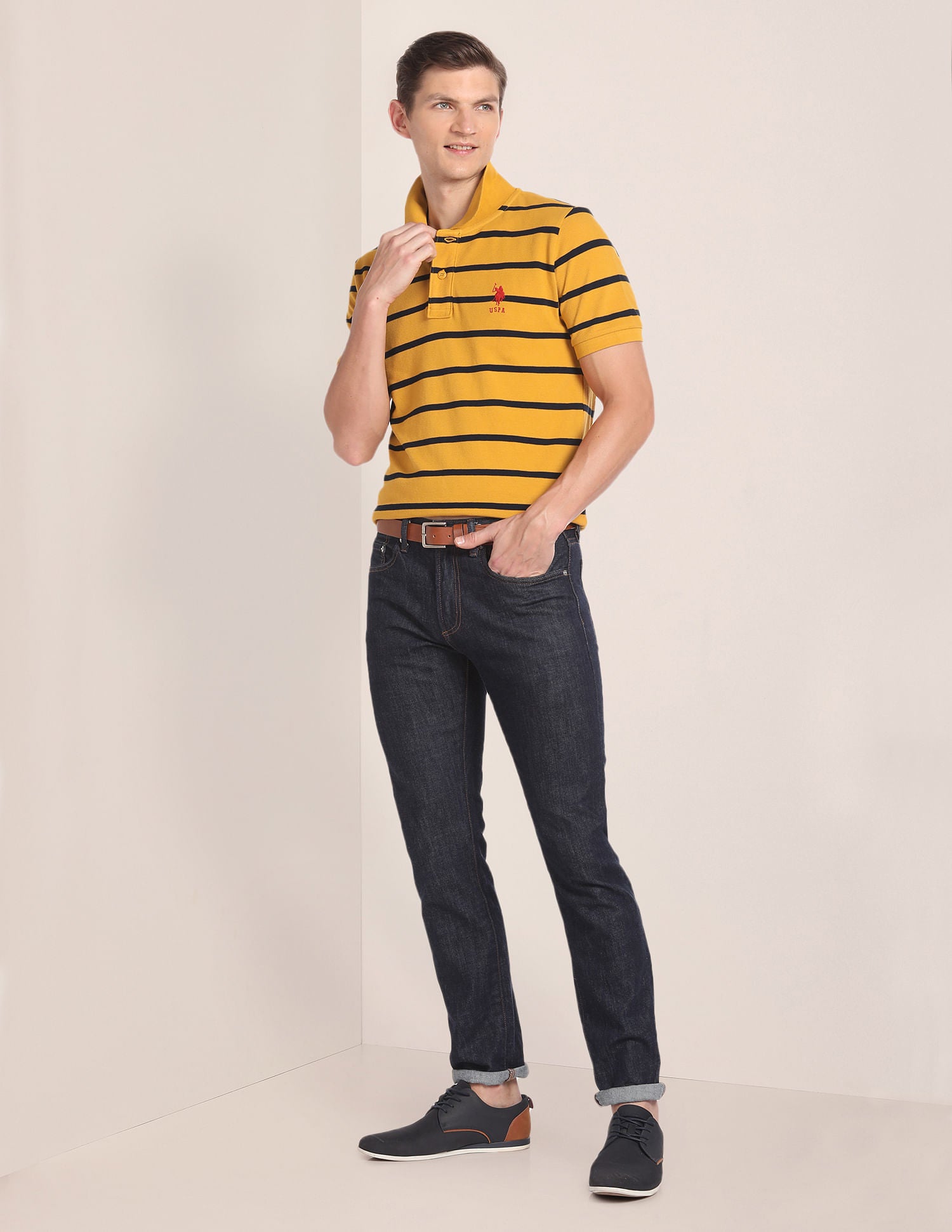 Horizontal Stripe Cotton Polo Shirt Mustard - U.S. Polo Assn. India | Large