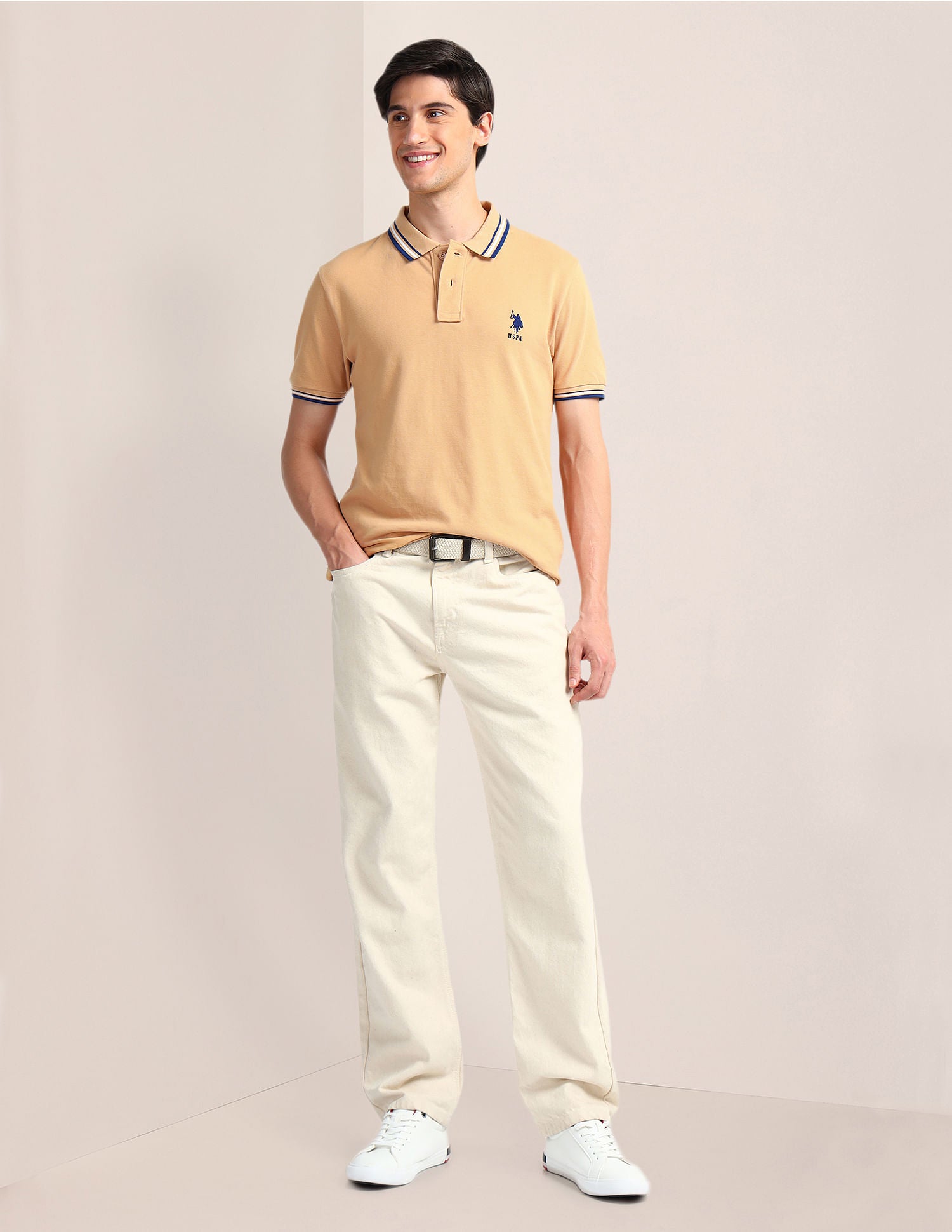 Tipped Collar Slim Polo Shirt Beige - U.S. Polo Assn. India | Large