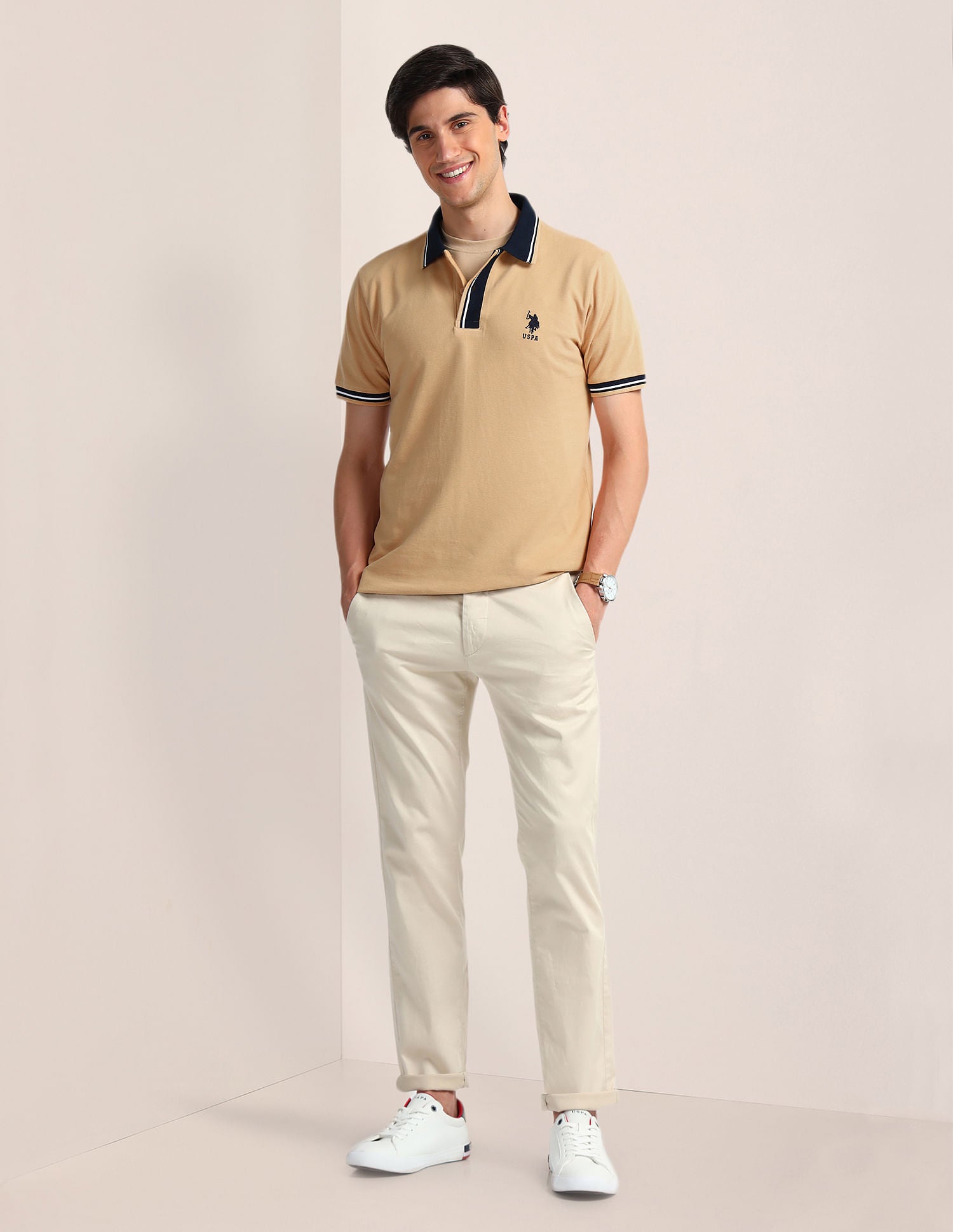 Contrast Collar Slim Polo Shirt Beige - U.S. Polo Assn. India | Large