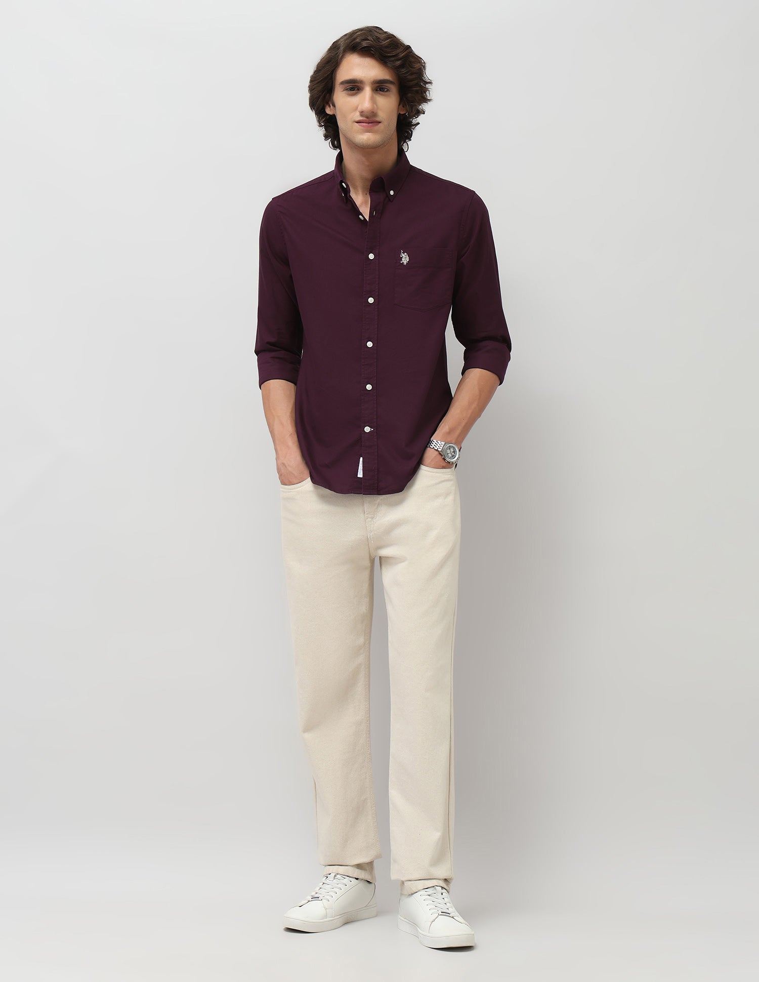 Tailored Fit Pure Cotton Shirt Burgundy - U.S. Polo Assn. India | Large