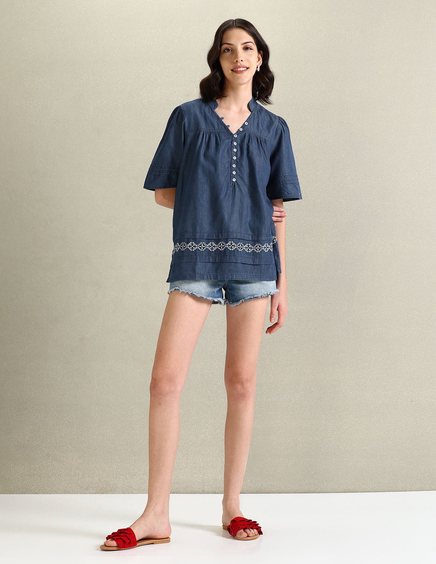 V-Neck Chambray Top Blue - U.S. POLO ASSN. | Large