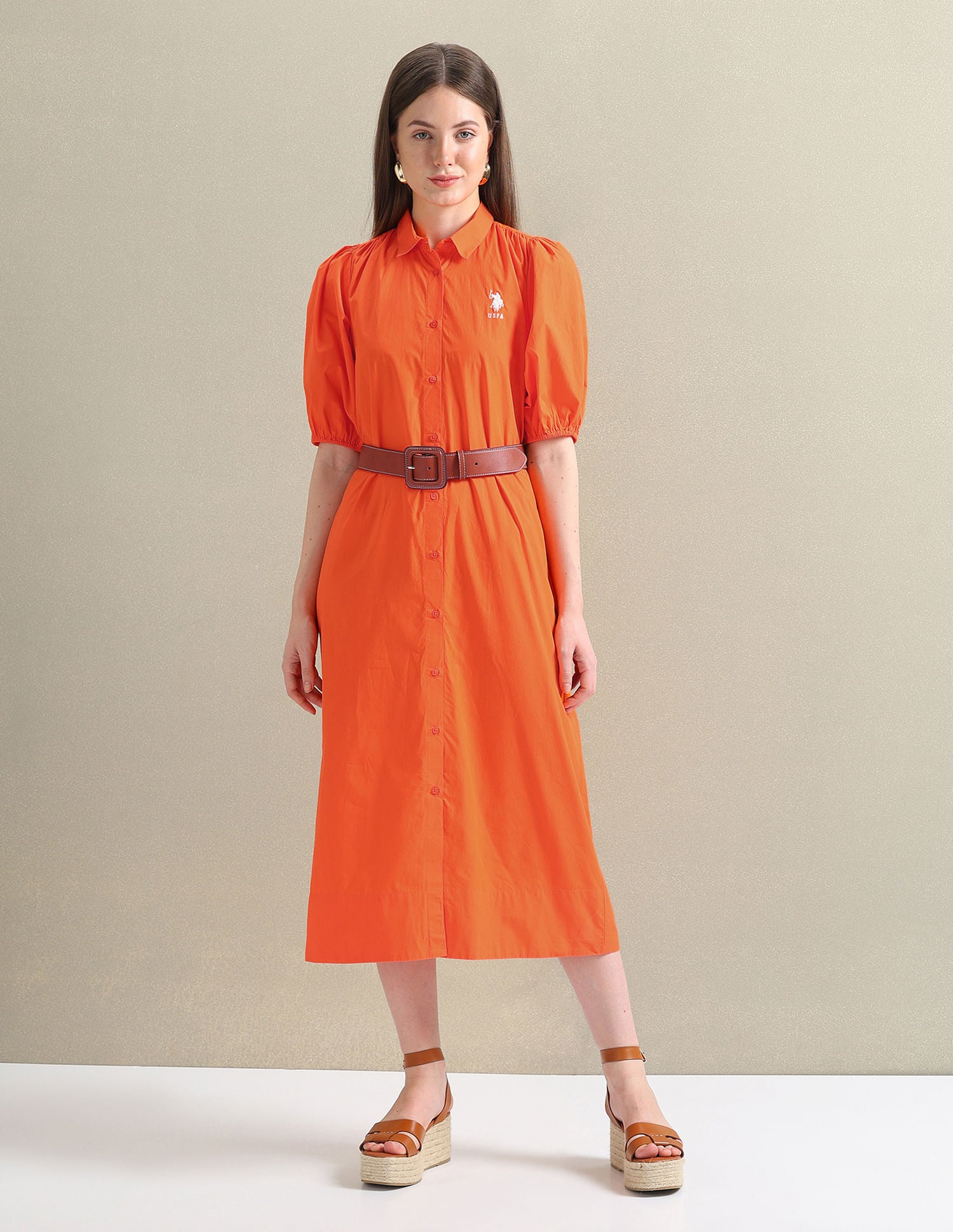 Pure Cotton Relaxed Shirt Dress Orange - U.S. POLO ASSN. | Large