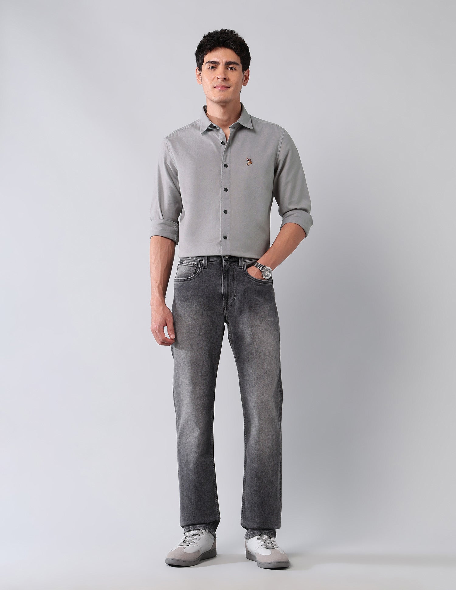 Pure Cotton Regular Fit Twill Shirt Grey - U.S. Polo Assn. India | Large