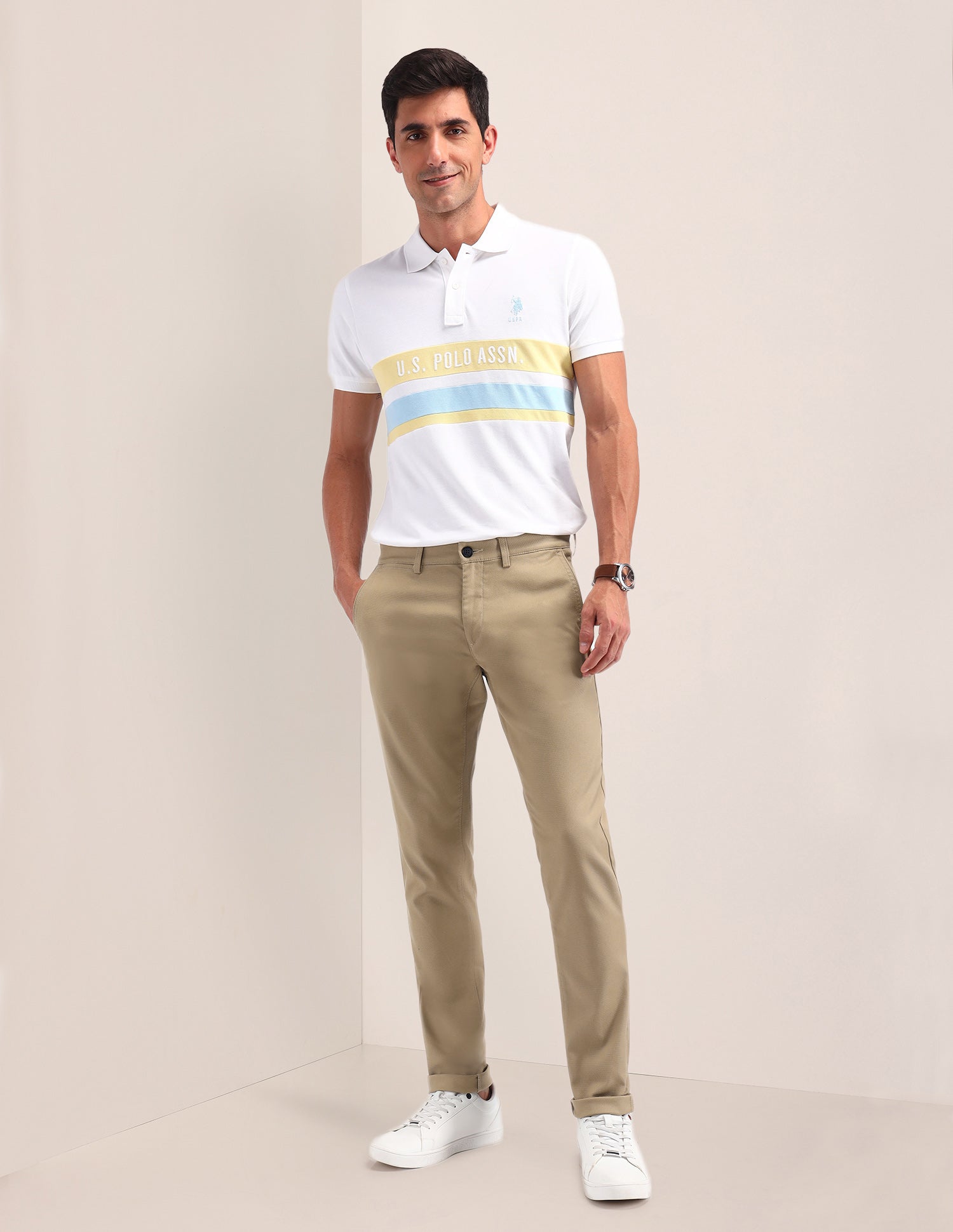 Austin Slim Fit Solid Trousers Khaki - U.S. POLO ASSN. | Large