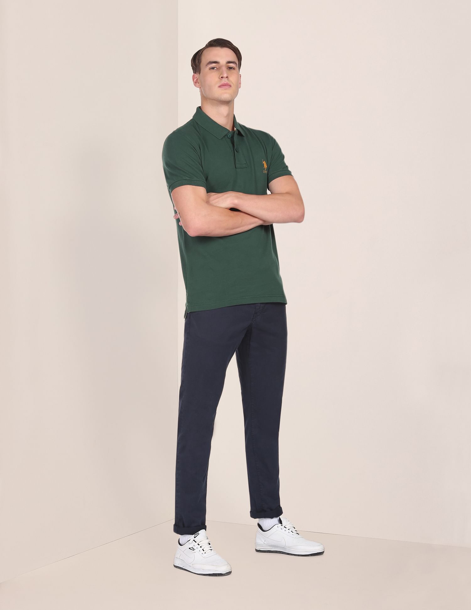 Ribbed Collar Solid Polo Shirt Dark Green - U.S. POLO ASSN. | Large