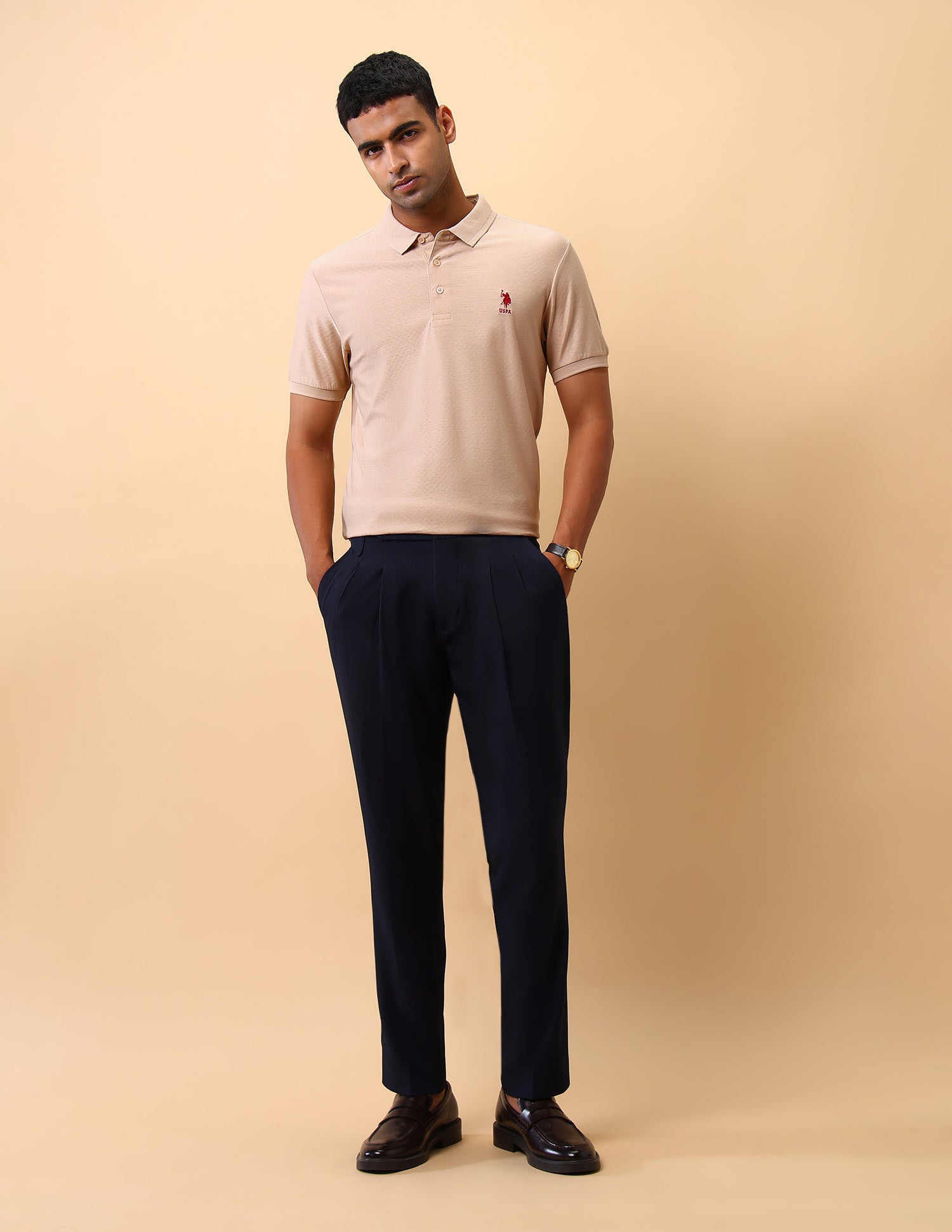 Textured Pure Cotton Polo Shirt Beige - U.S. Polo Assn. India | Large