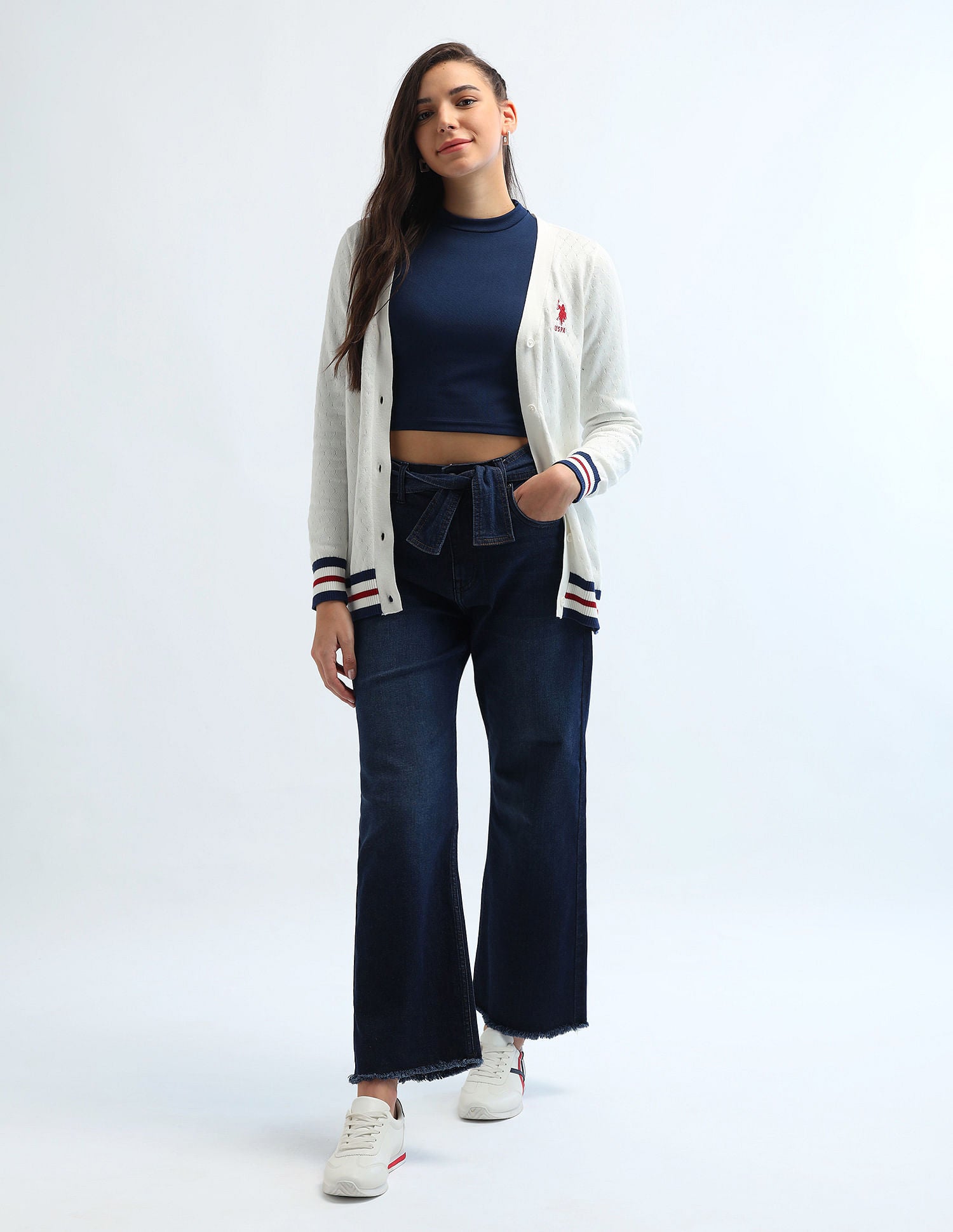 Cable Knit Tipped Cardigan Off White - U.S. Polo Assn. India | Large