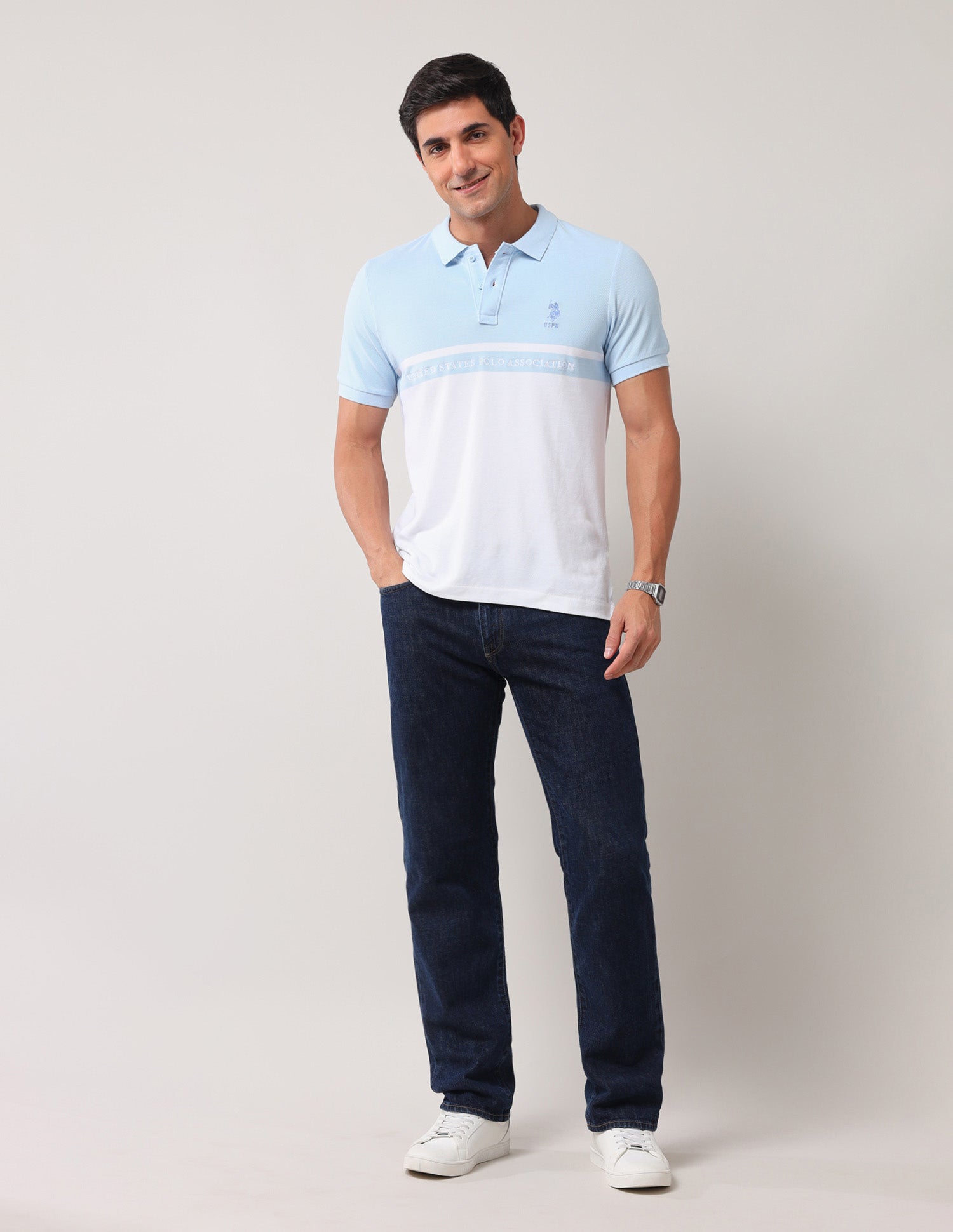 All Over Printed Pure Cotton Polo Shirt Light Blue - U.S. Polo Assn. India | Large