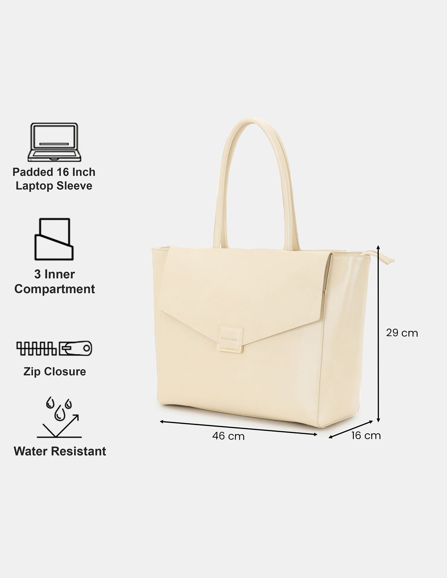 Women Belle Tote Bag with laptop compartment Beige - U.S. POLO ASSN. | Large