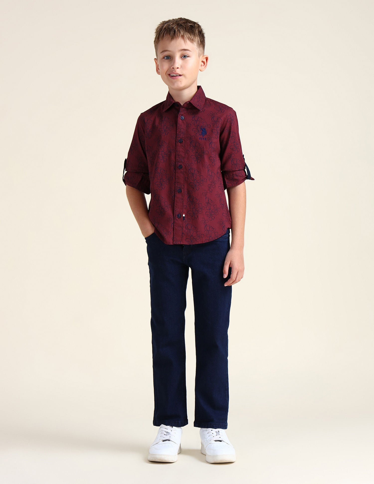 Boys Floral Print Cotton Shirt Maroon - U.S. POLO ASSN. | Large