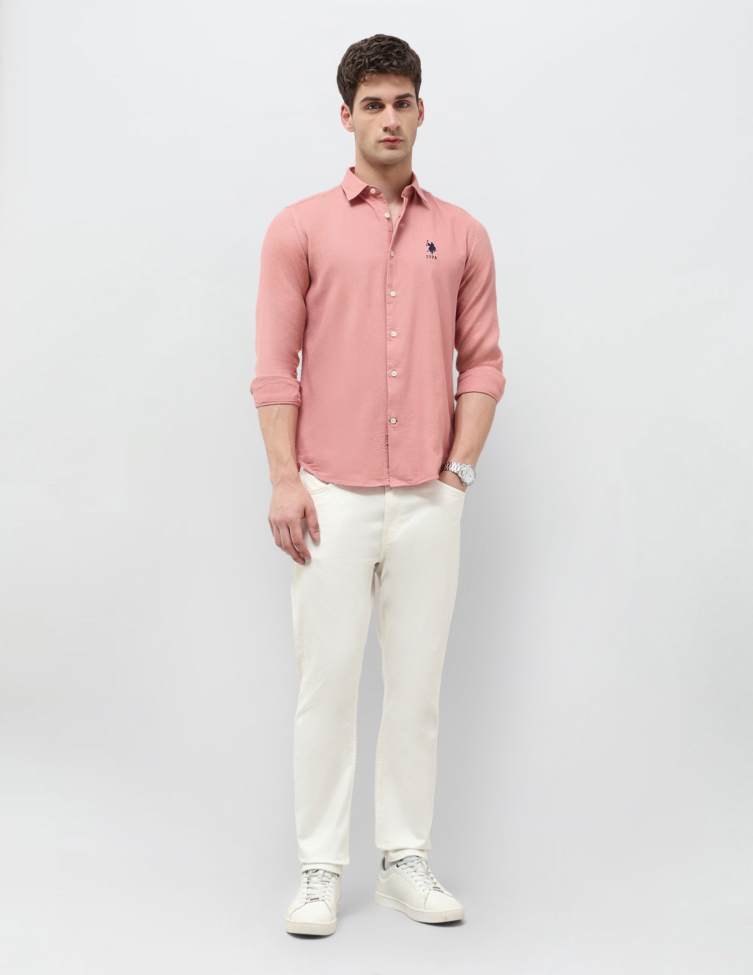 Textured Dobby Regular Fit Shirt Dark Pink - U.S. Polo Assn. India | Large