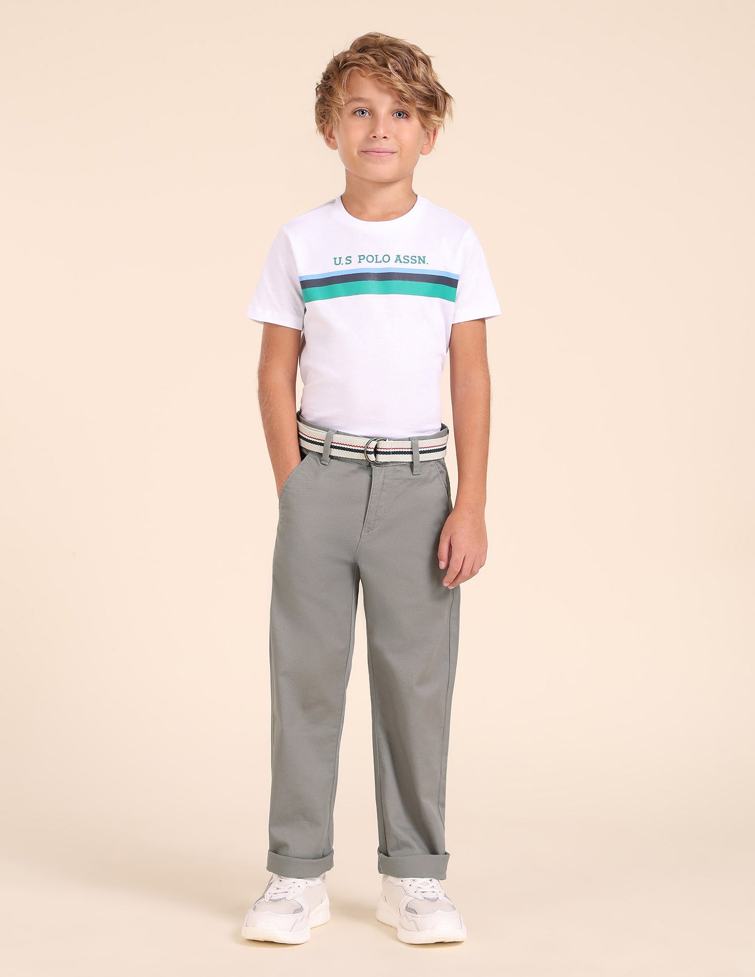 Boys Pure Cotton Slim Fit Trousers Light Grey - U.S. POLO ASSN. | Large