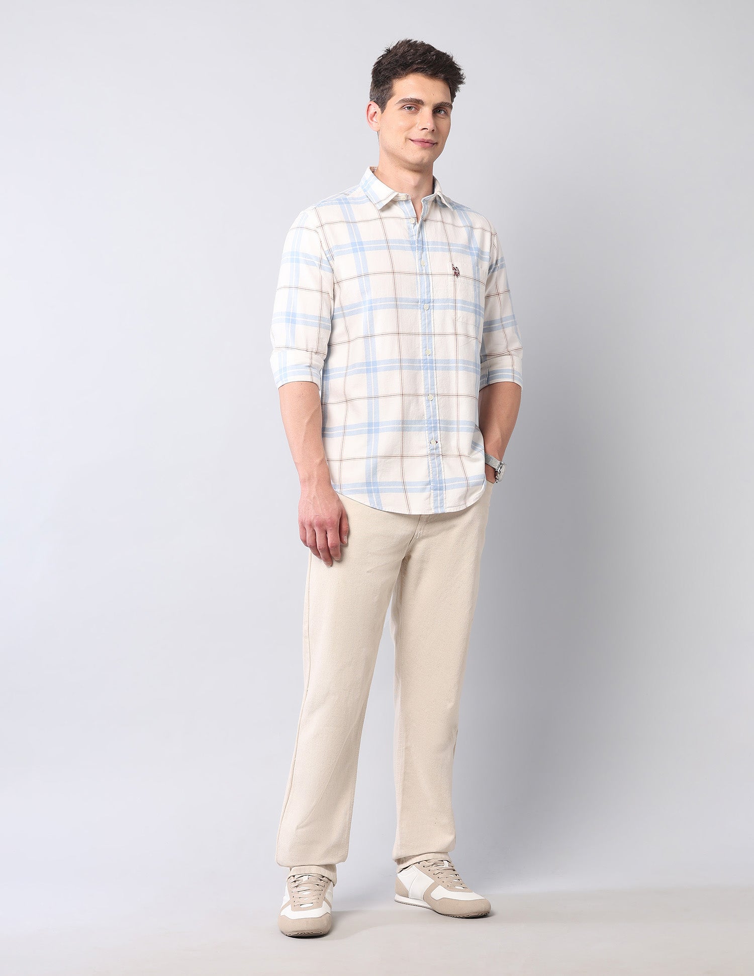 Tartan Checked Pure Cotton Shirt Ivory - U.S. Polo Assn. India | Large