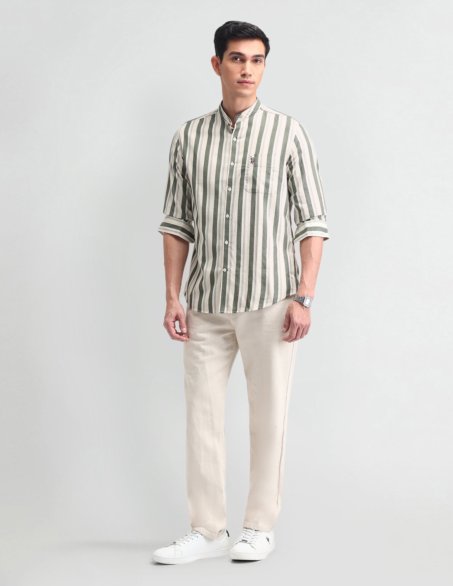 Vertical Striped Slim Fit Shirt Olive - U.S. POLO ASSN. | Large