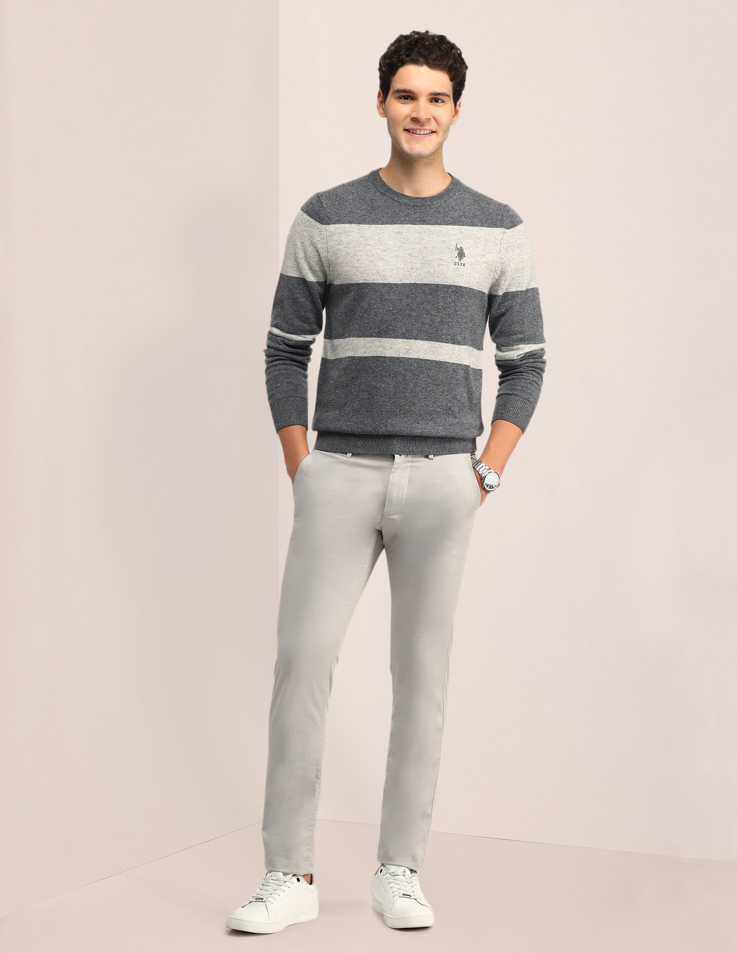 Colour Blocked Regular Fit Sweater Light Grey - U.S. Polo Assn. India | Large