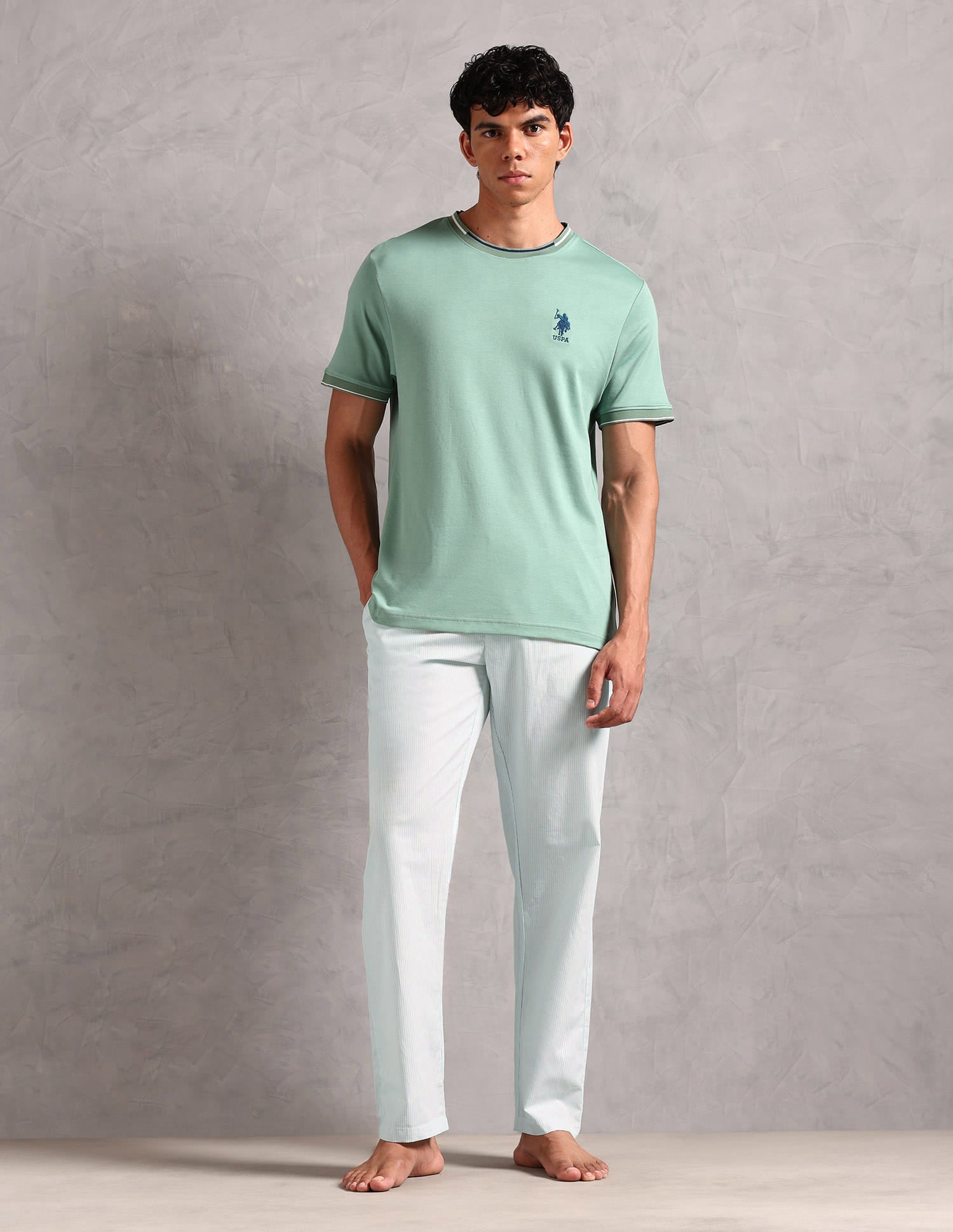 Pure Cotton Striped LP004 Lounge Pants - Pack Of 1 White and Light Blue - U.S. Polo Assn. India | Large