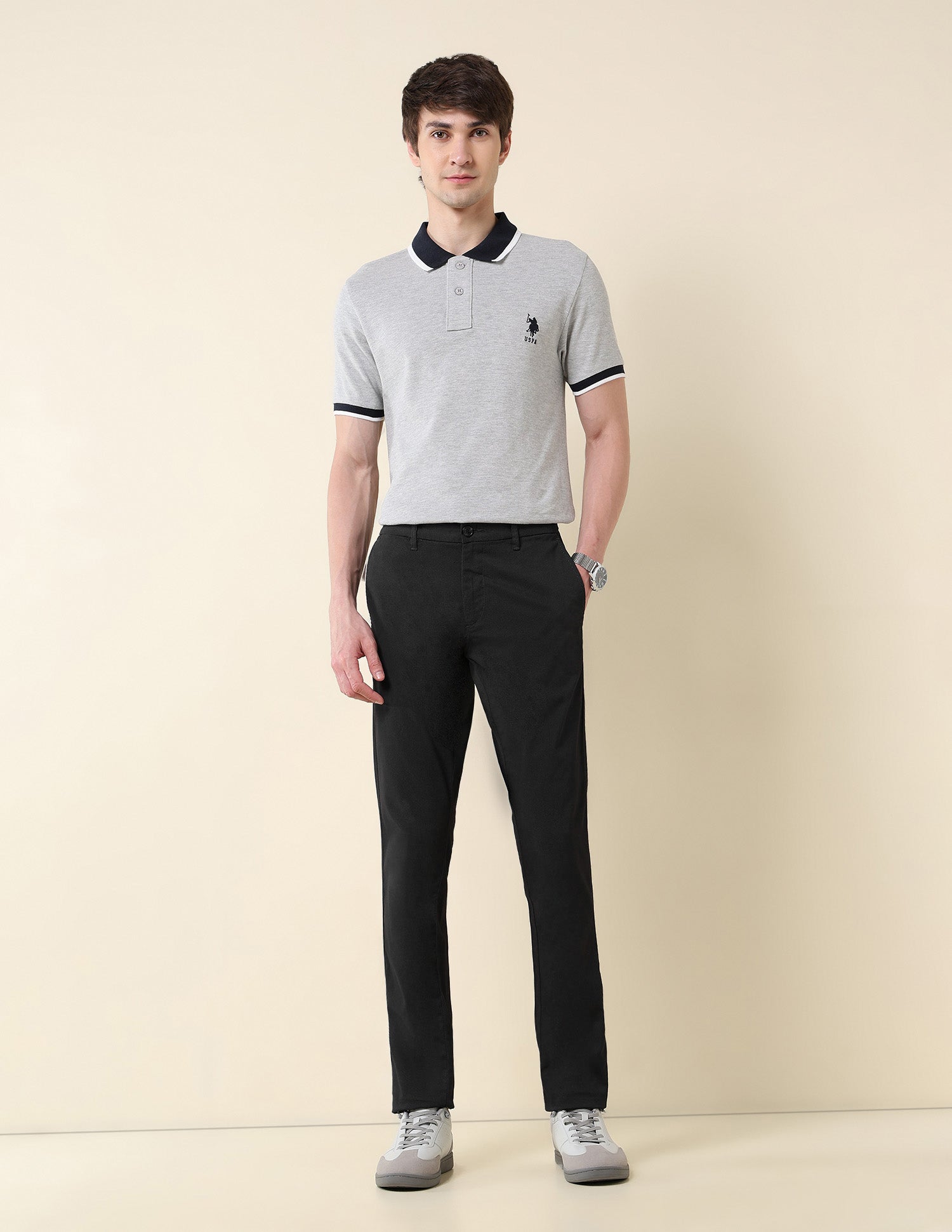 Textured Austin Slim Fit Twill Trousers Black - U.S. Polo Assn. India | Large