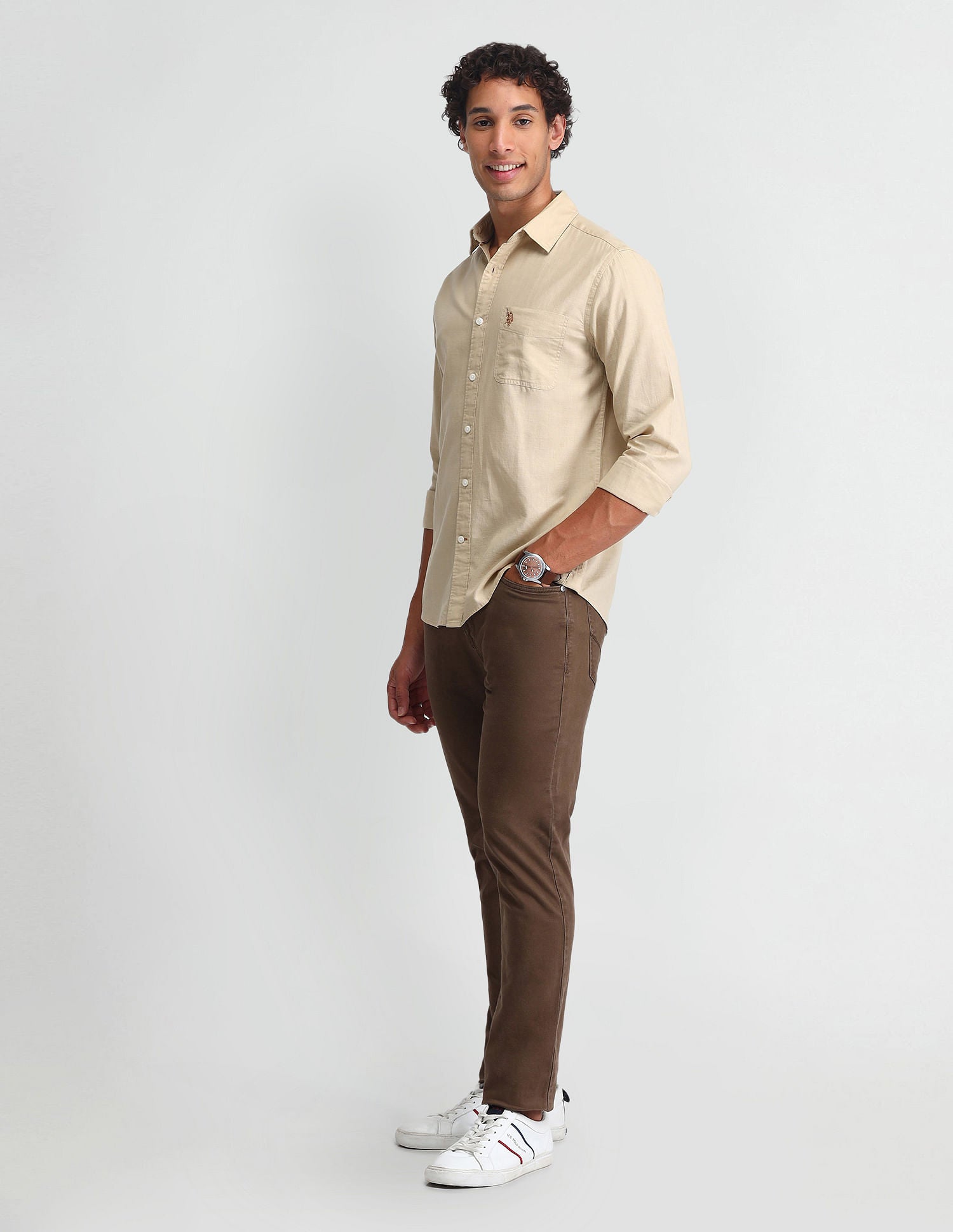 Slim Fit Solid Twill Shirt Khaki - U.S. Polo Assn. India | Large