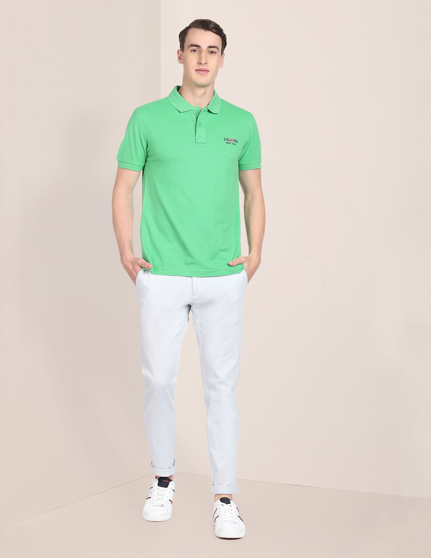 Ribbed Collar Pure Cotton Solid Polo Shirt Green - U.S. POLO ASSN. | Large