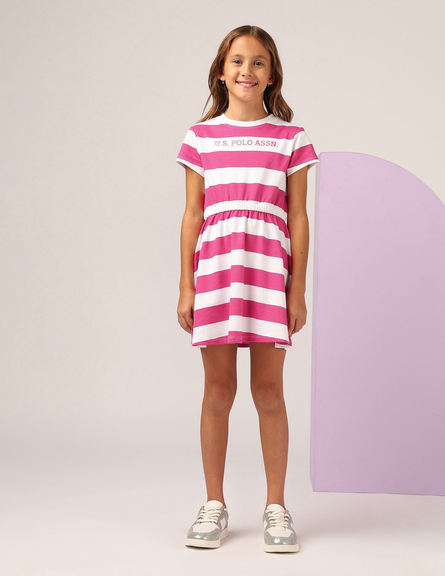 Girls Striped Fit And Flare Dress Dark Pink - U.S. POLO ASSN. | Large
