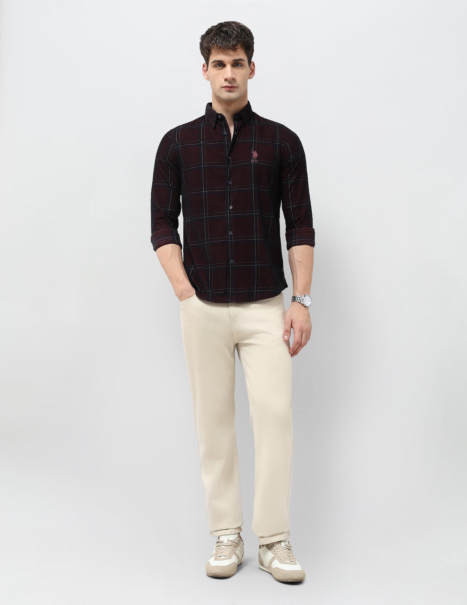 Grid Tattersall Checked Corduroy Shirt Wine - U.S. POLO ASSN. | Large