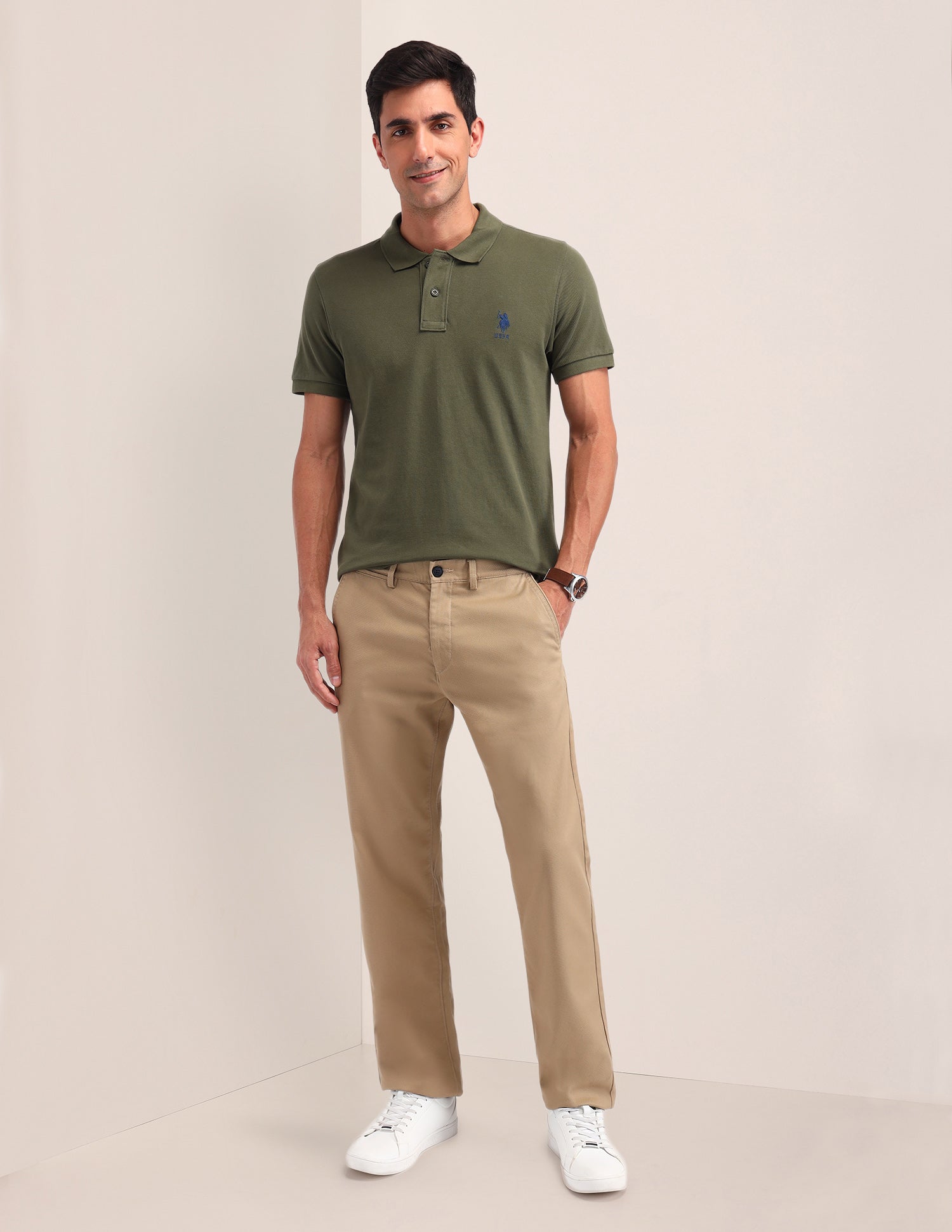 Solid Cotton Slim Fit Polo Shirt Olive - U.S. Polo Assn. India | Large