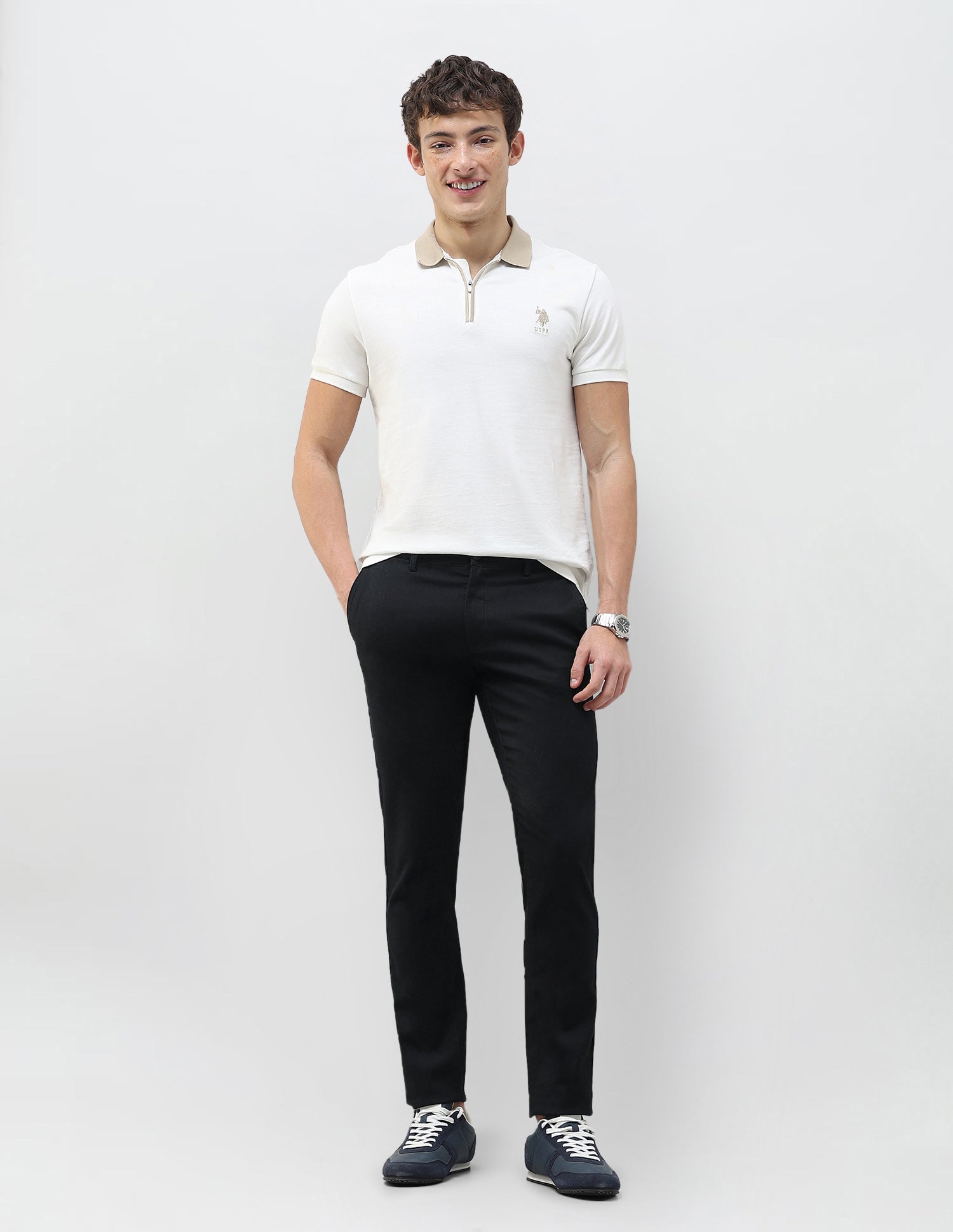 Denver Slim Fit Dobby Trousers Black - U.S. Polo Assn. India | Large