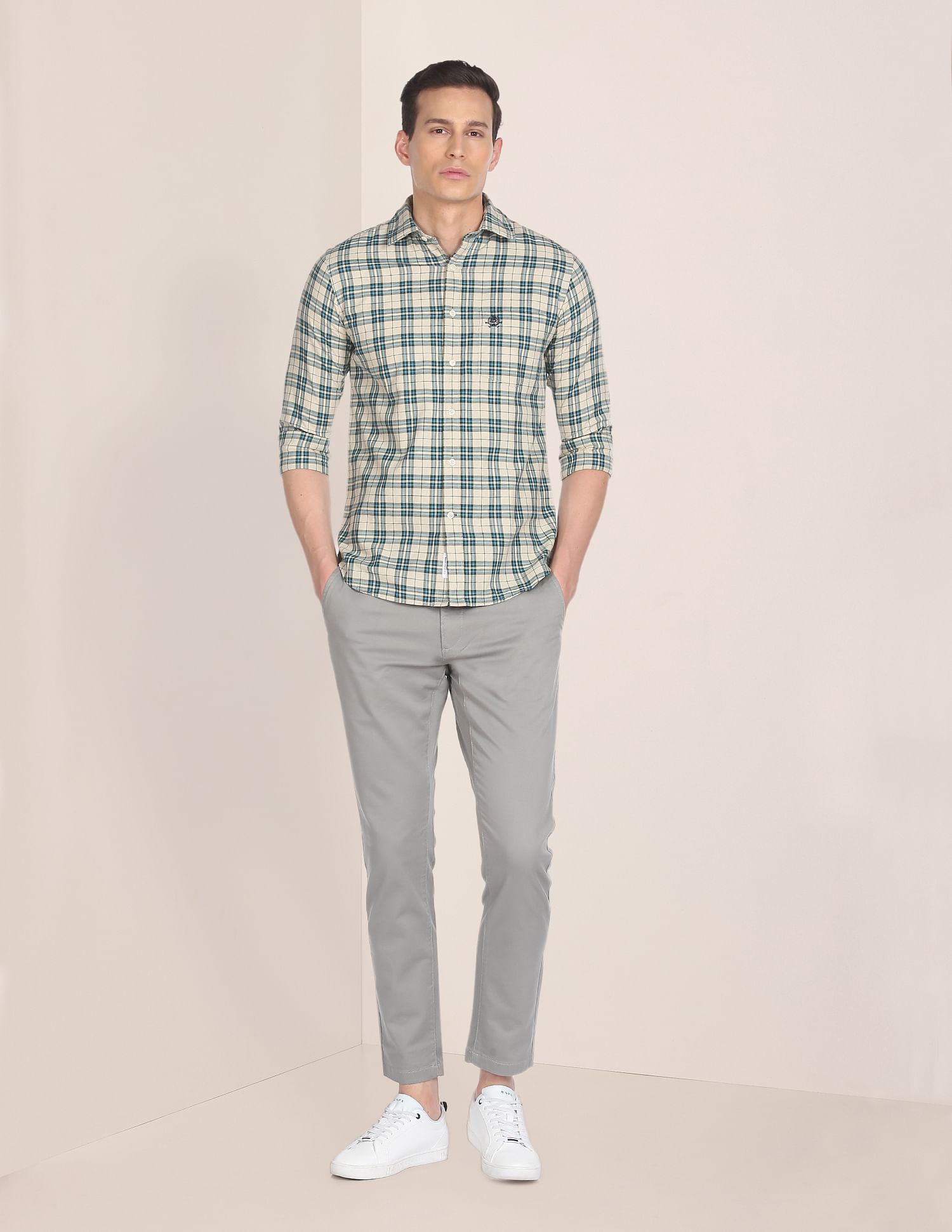 Men Beige Patch Pocket Check Casual Shirt Beige - U.S. POLO ASSN. | Large