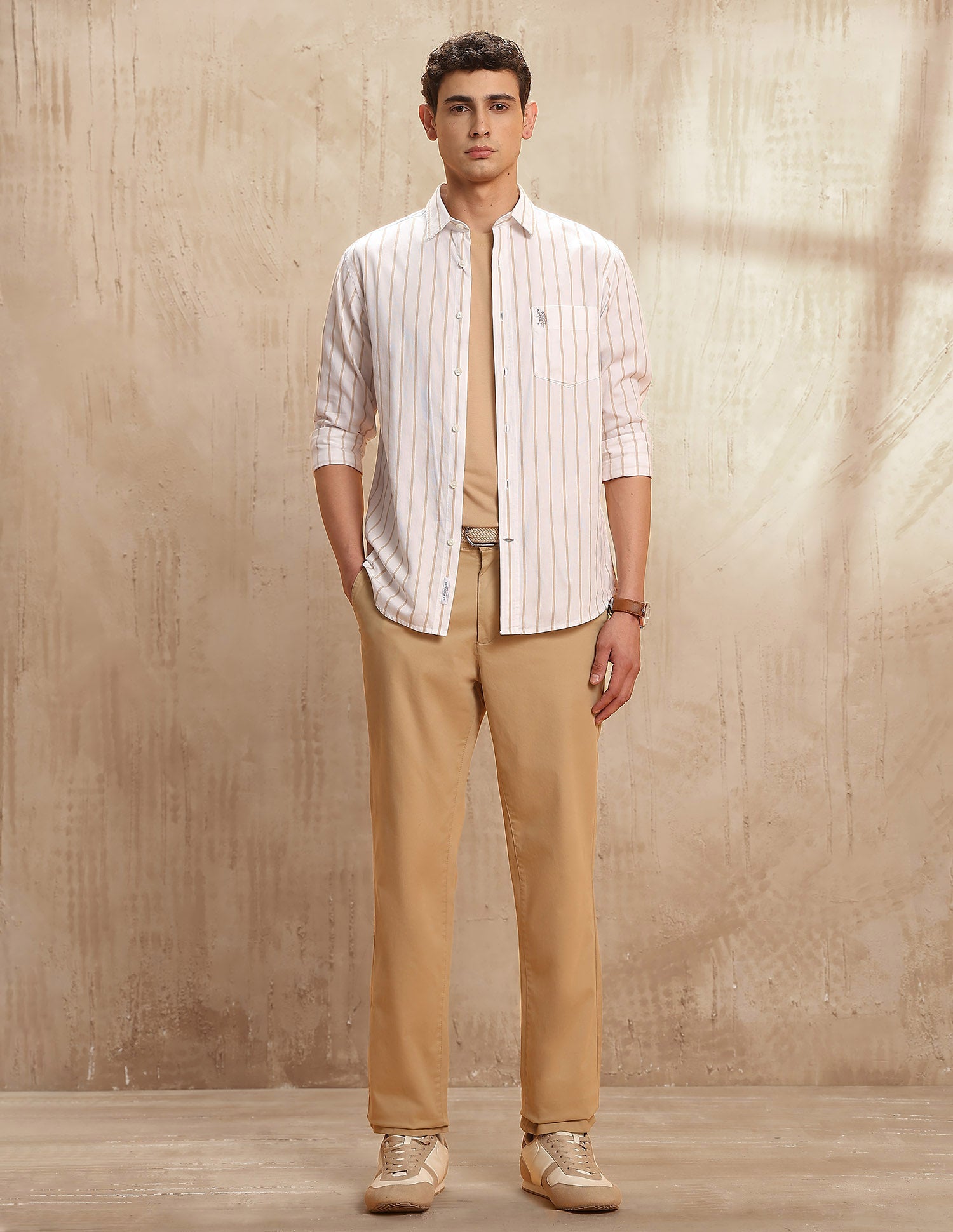 Tailored Fit Vertical Striped Shirt Beige - U.S. POLO ASSN. | Large