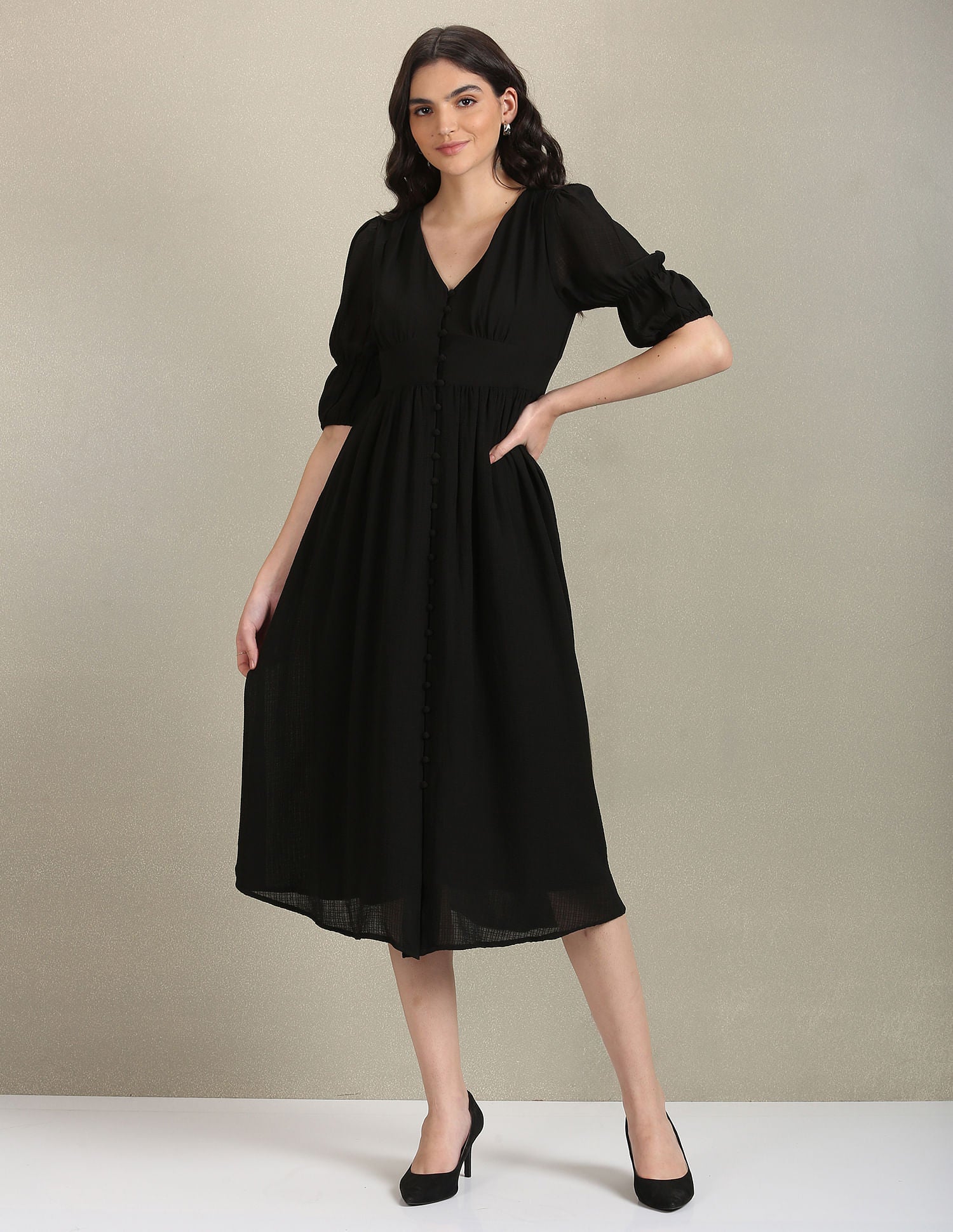 V-Neck Solid Midi Dress Black - U.S. POLO ASSN. | Large