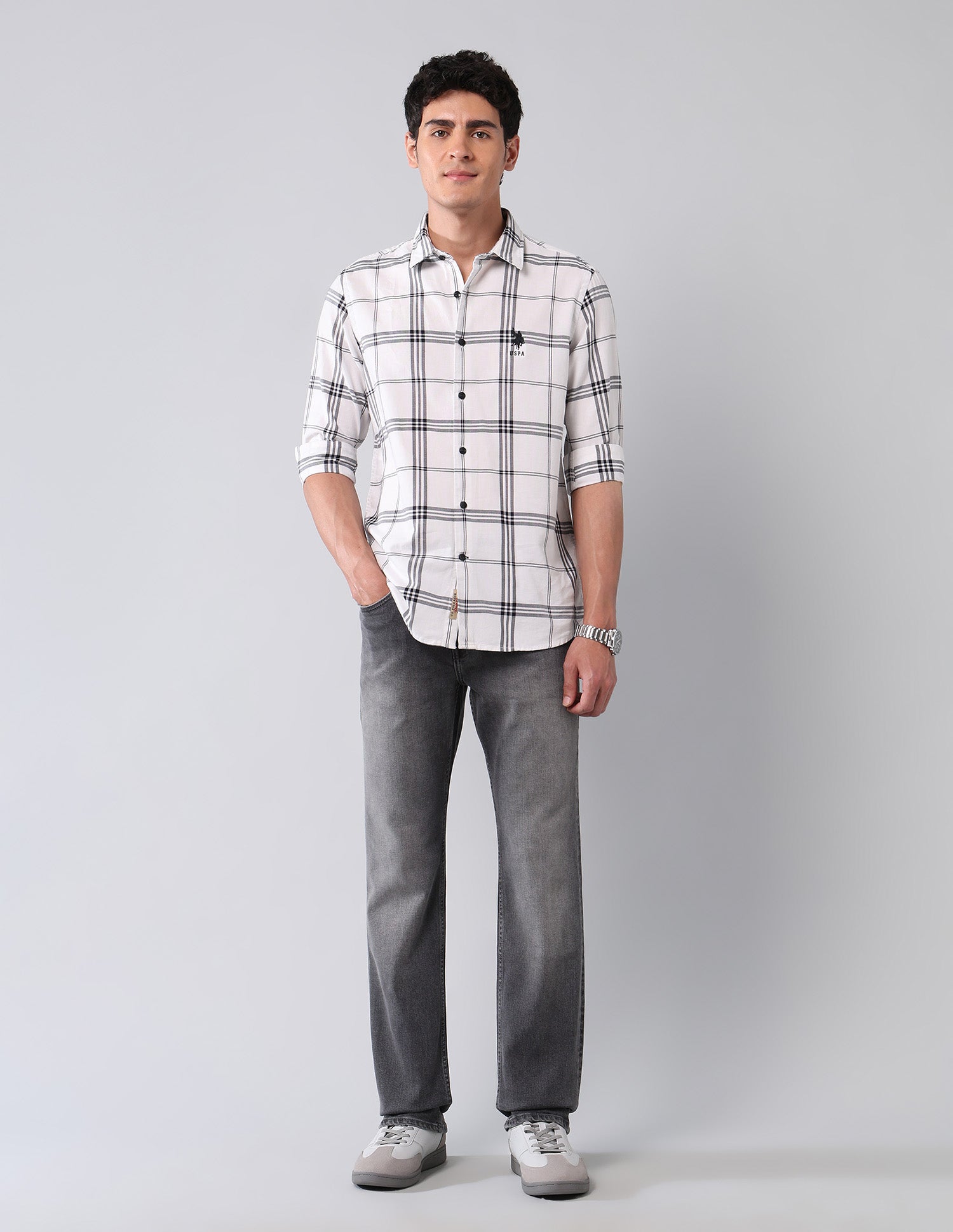 Grid Tattersall Checked Pure Cotton Shirt White - U.S. POLO ASSN. | Large