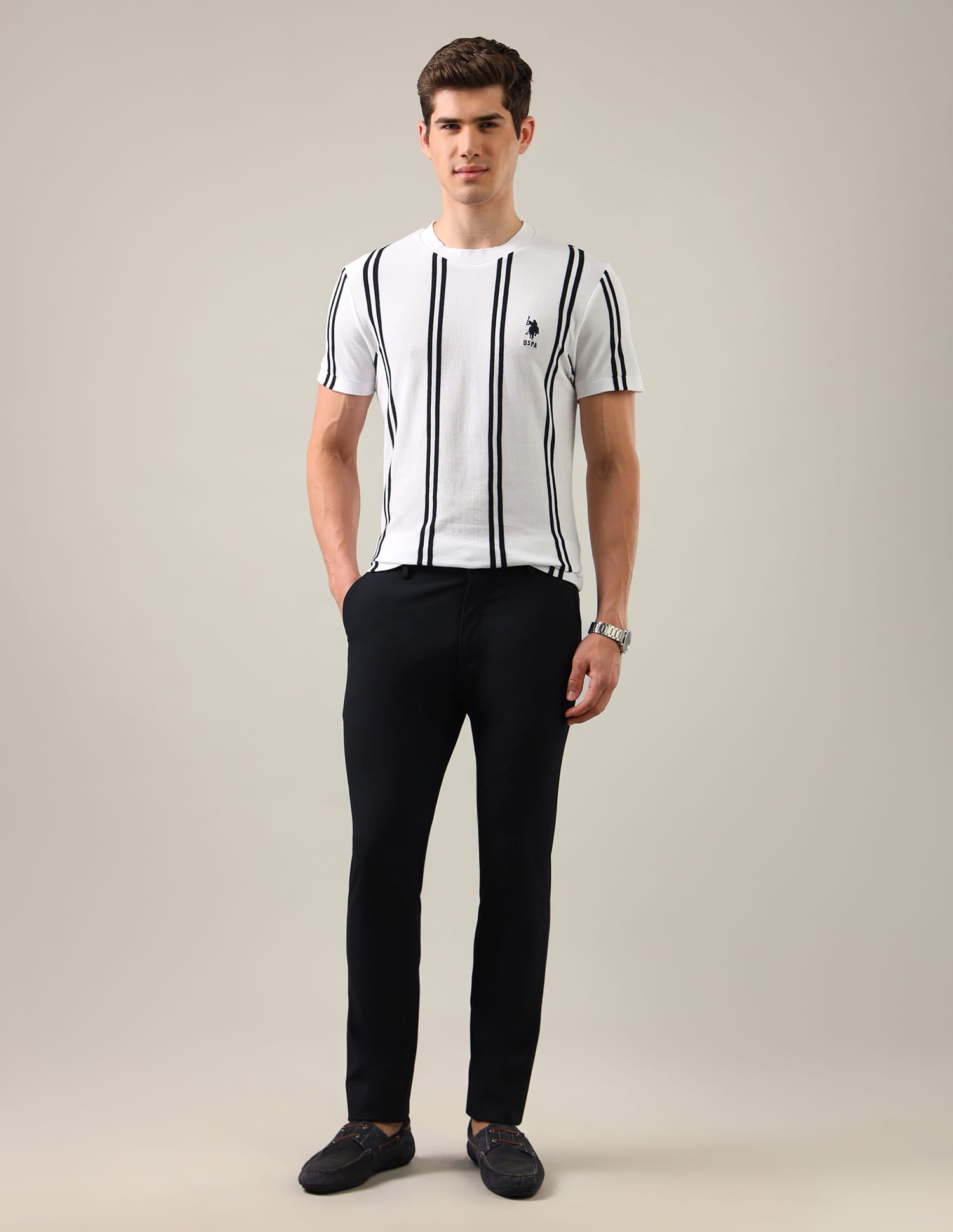 Vertical Striped Slim Fit T-Shirt White - U.S. Polo Assn. India | Large