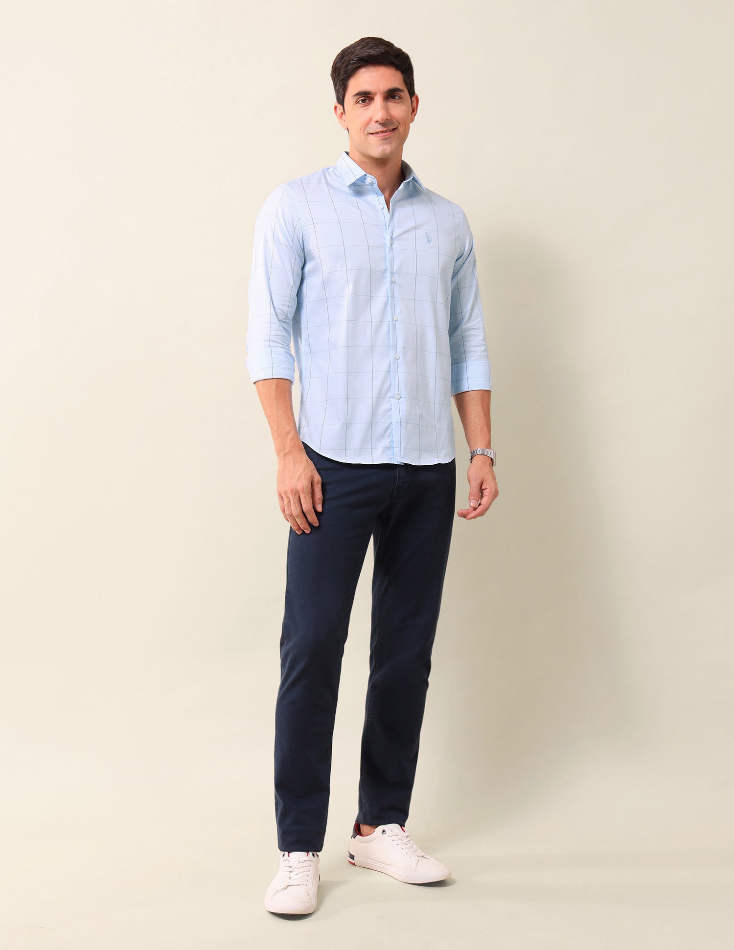 Windowpane Checked Tailored Fit Shirt Light Blue - U.S. Polo Assn. India | Large