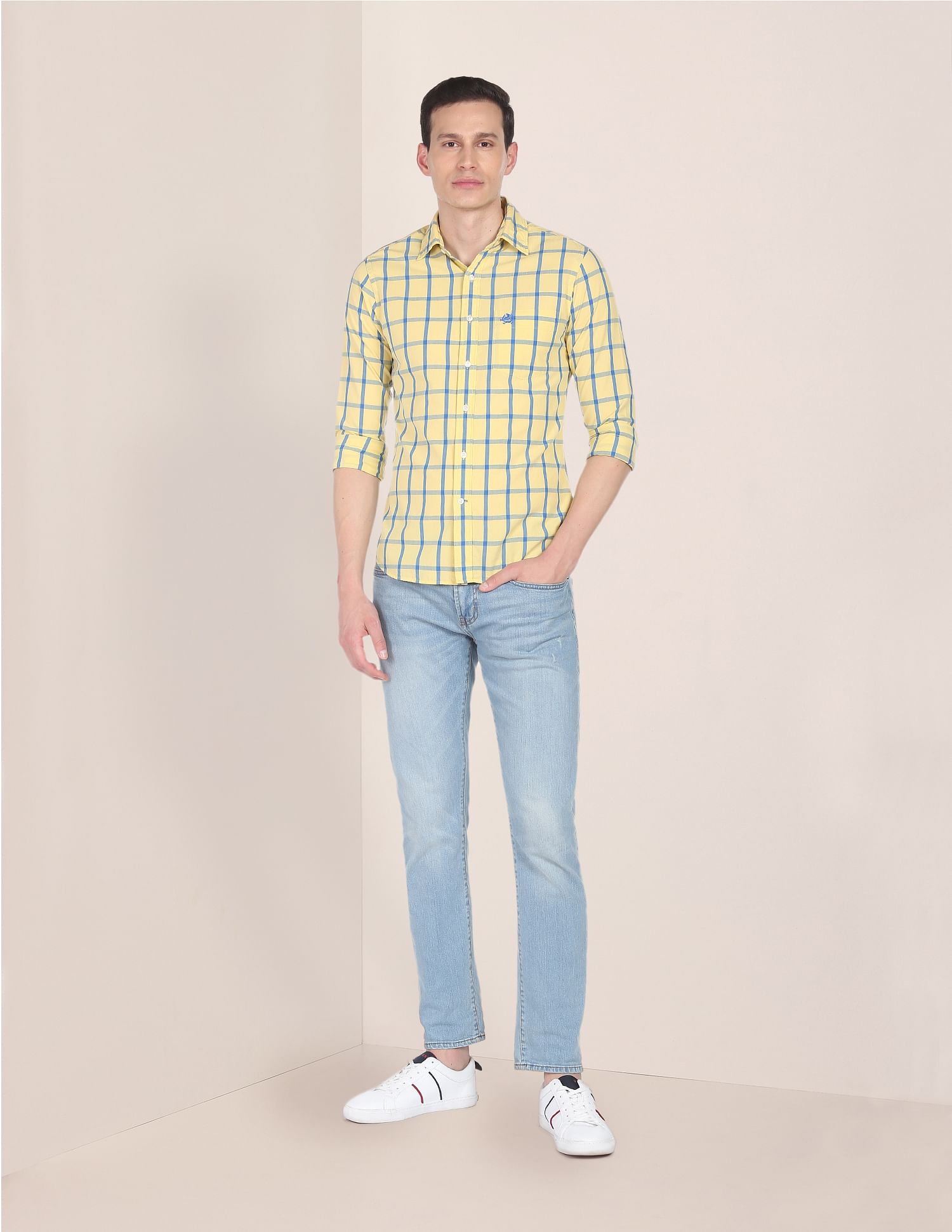 Men Yellow Windowpane Check Tailored Regular Fit Casual Shirt Yellow - U.S. Polo Assn. India | Large