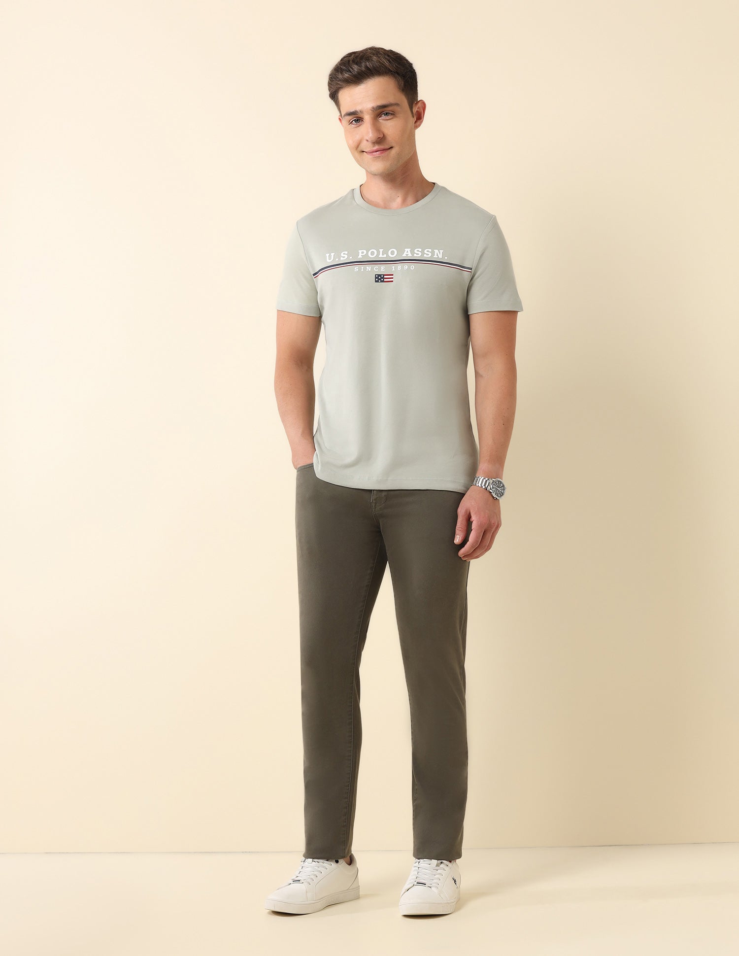 Brand Printed Slim Fit Classic T-Shirt Light Green - U.S. Polo Assn. India | Large