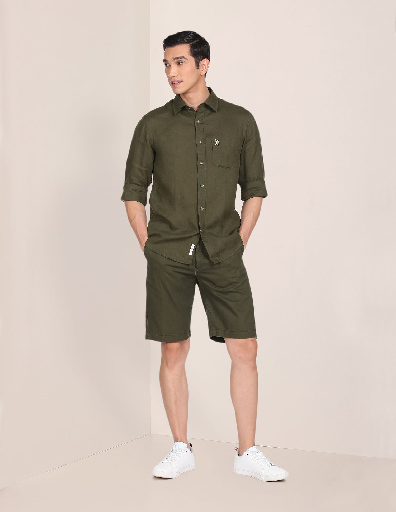Men Olive Chest Pocket Solid Casual Shirt Olive - U.S. POLO ASSN. | Large
