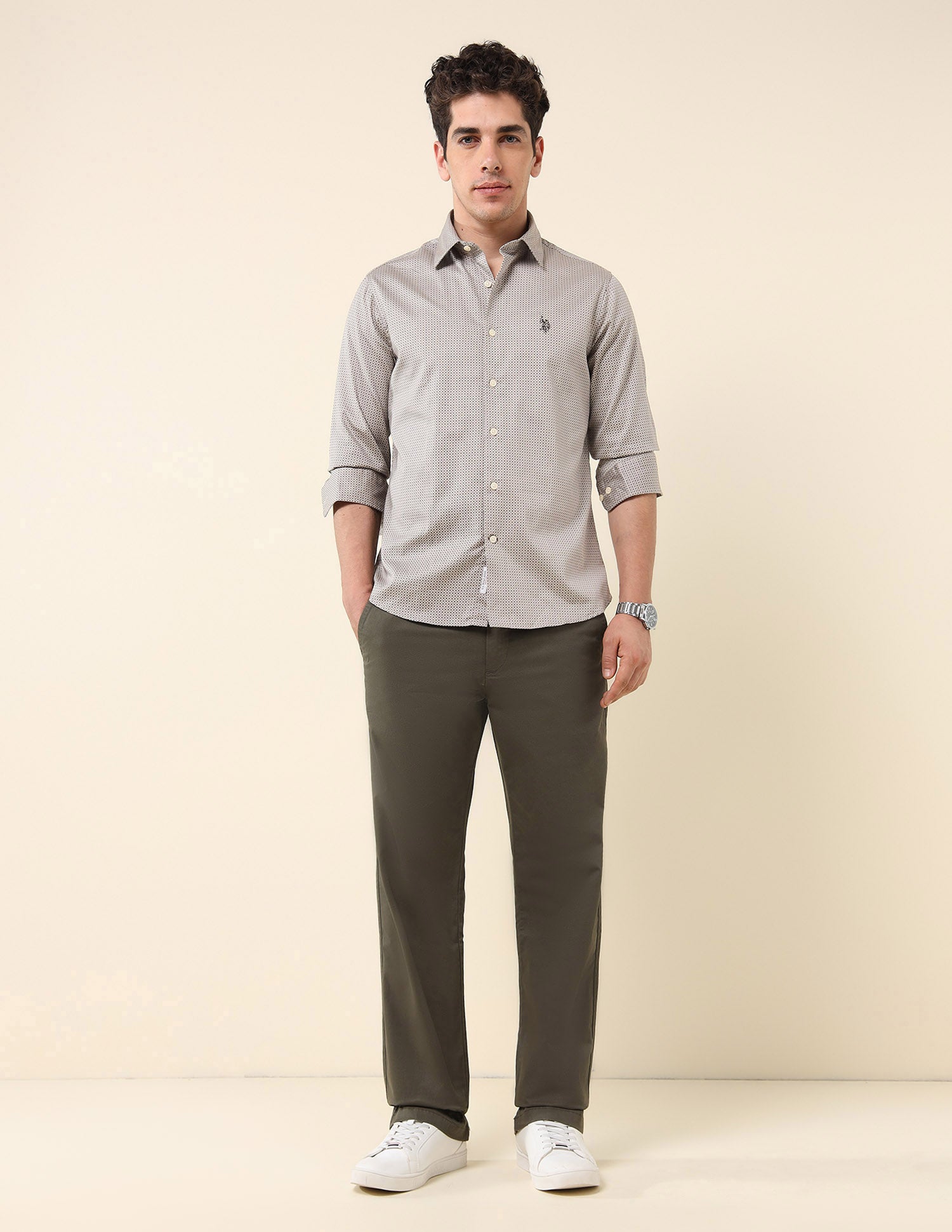 Tailored Fit Pure Cotton Shirt Khaki - U.S. Polo Assn. India | Large