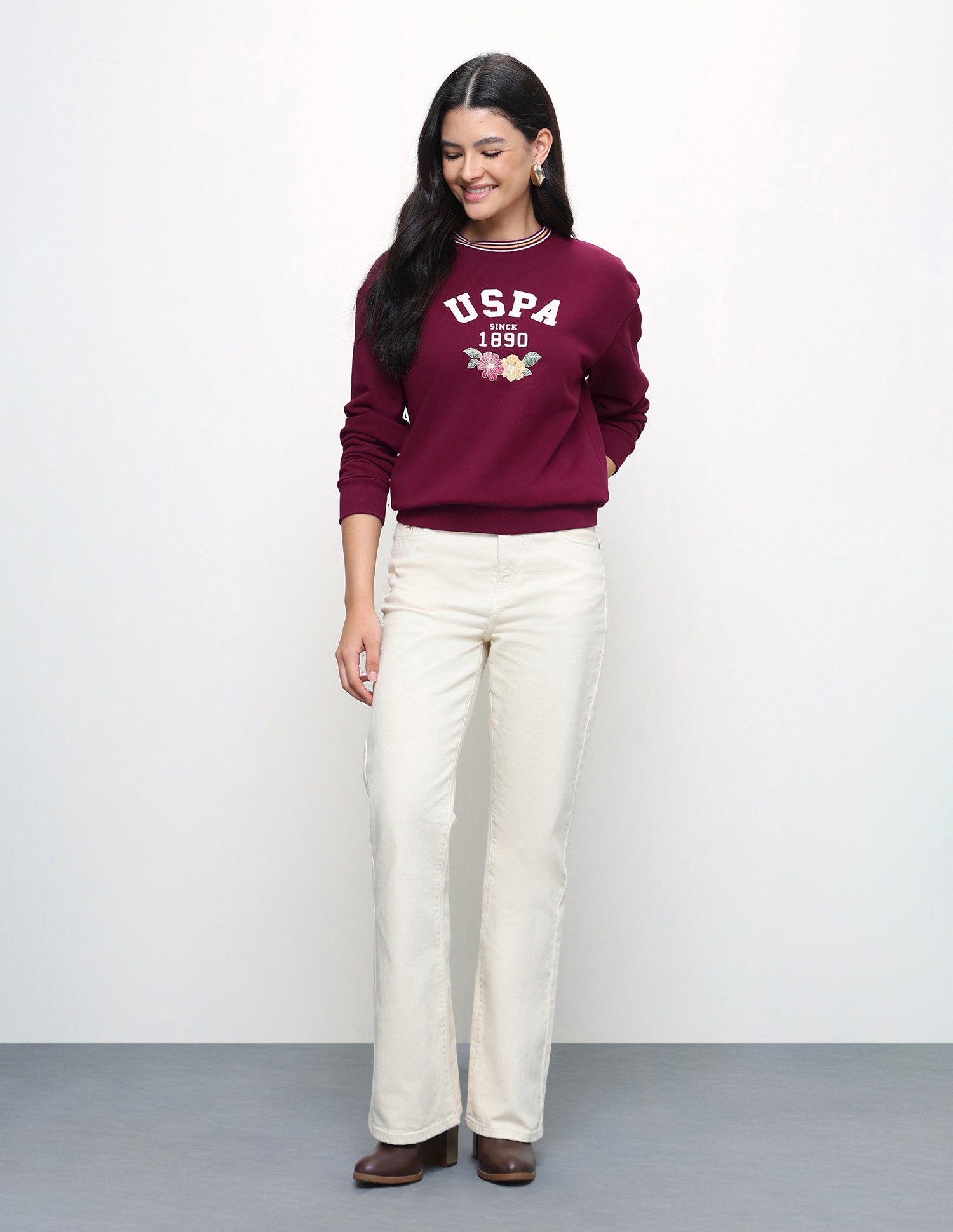 Brand Floral Embroidered Relaxed Fit Sweatshirt Maroon - U.S. Polo Assn. India | Large