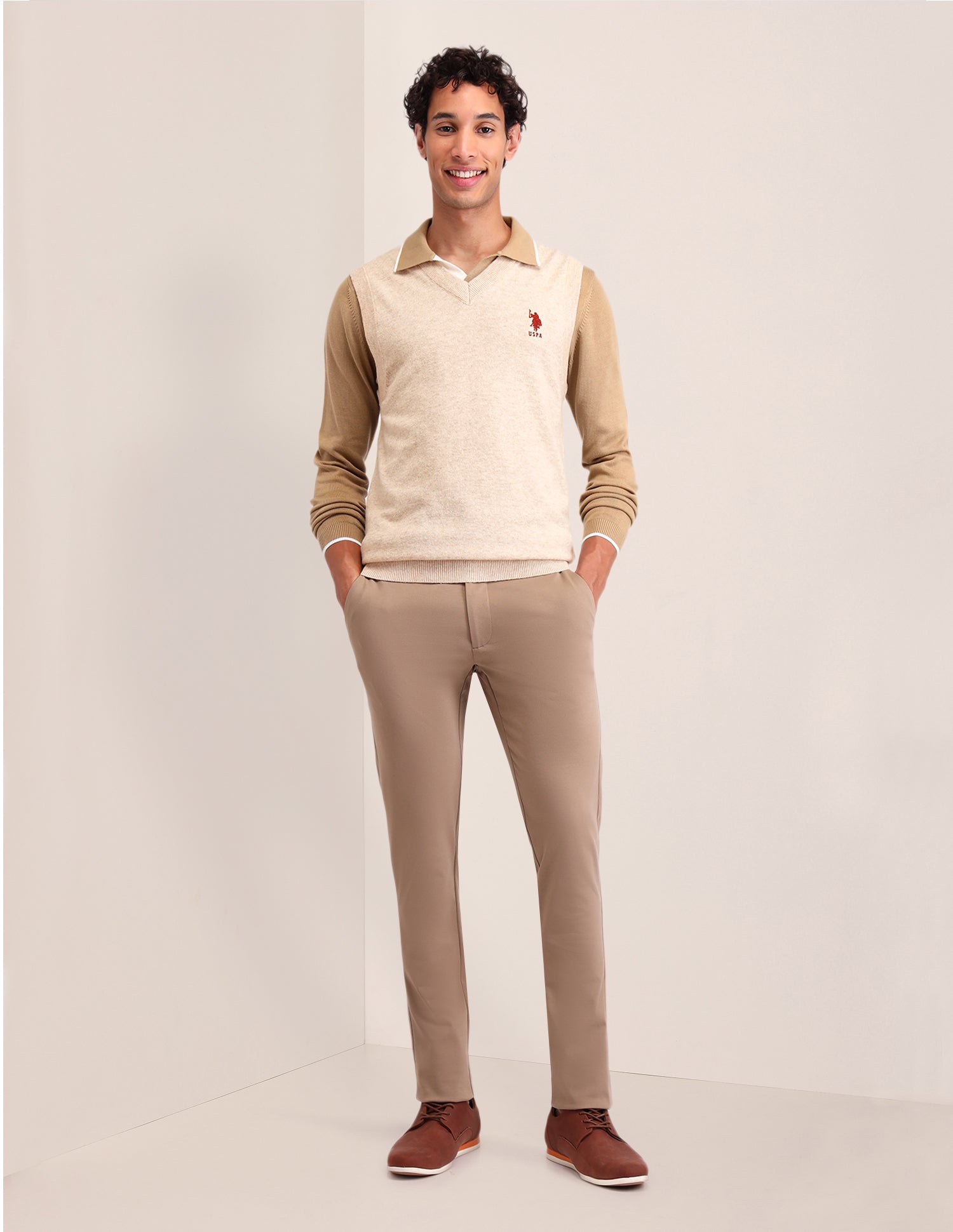Textured Regular Fit Sweater Beige - U.S. Polo Assn. India | Large
