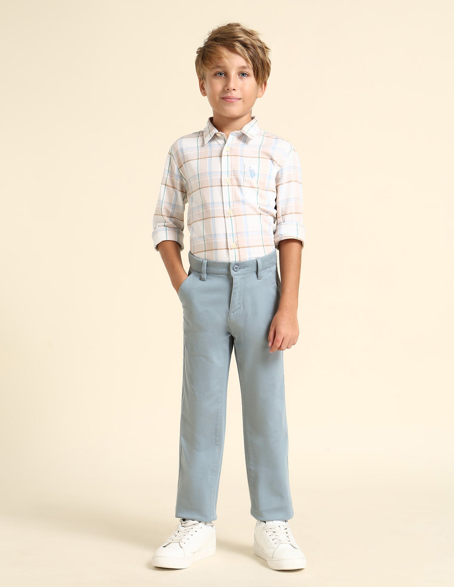 Boys Slim Fit Solid Trousers Aqua - U.S. POLO ASSN. | Large