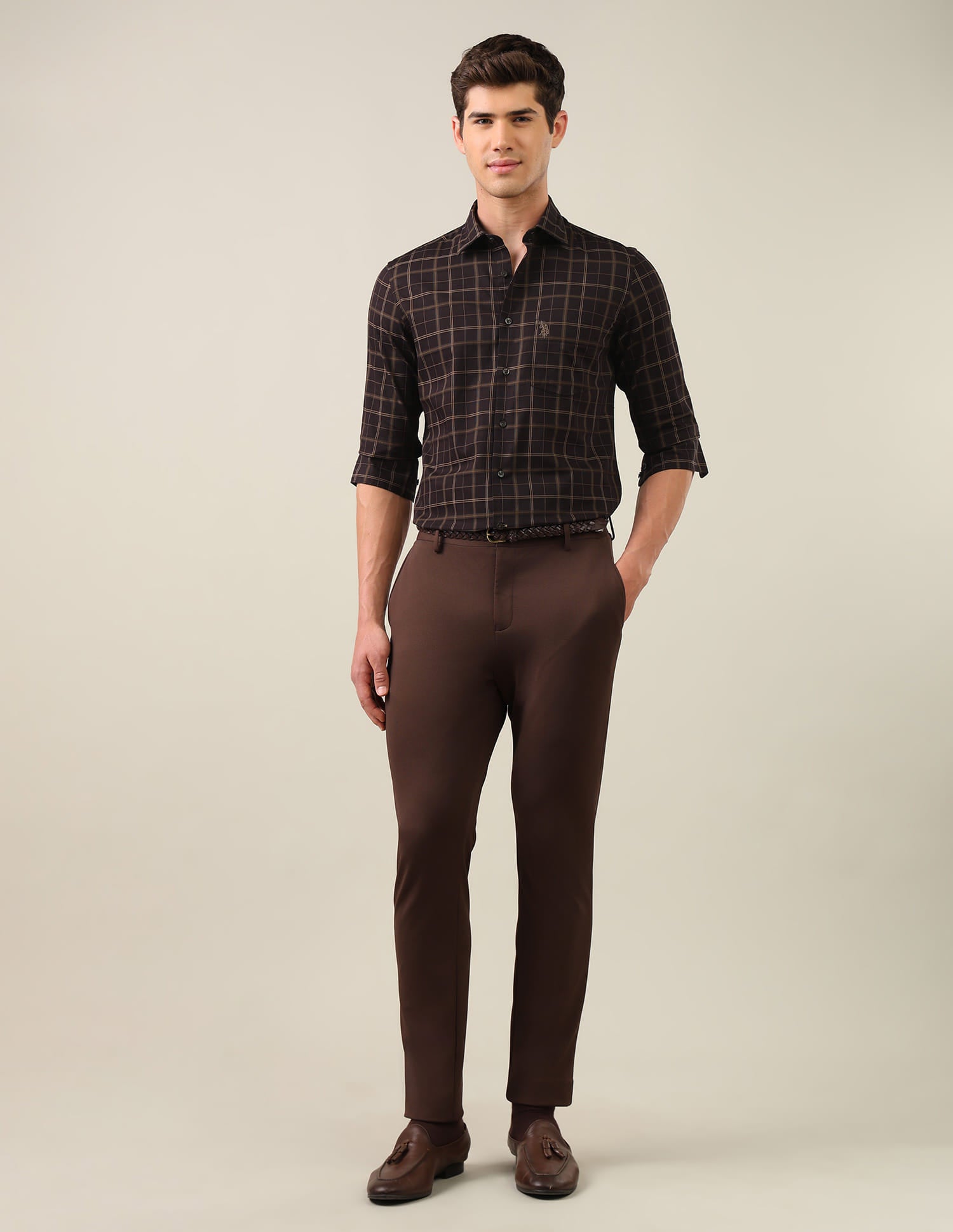 Grid Tattersall Checked Tailored Fit Shirt Brown - U.S. Polo Assn. India | Large
