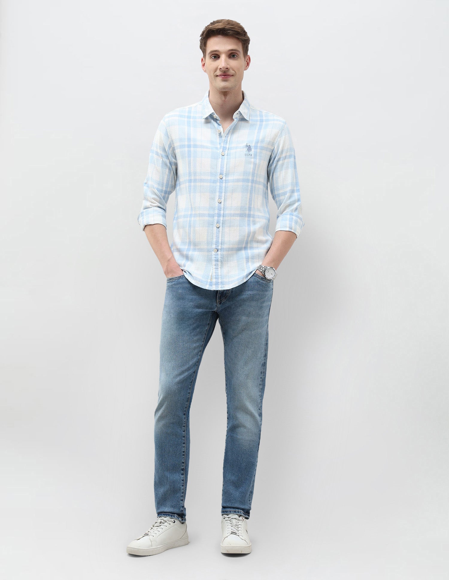 Tartan Checked Slim Fit Shirt Light Blue - U.S. Polo Assn. India | Large