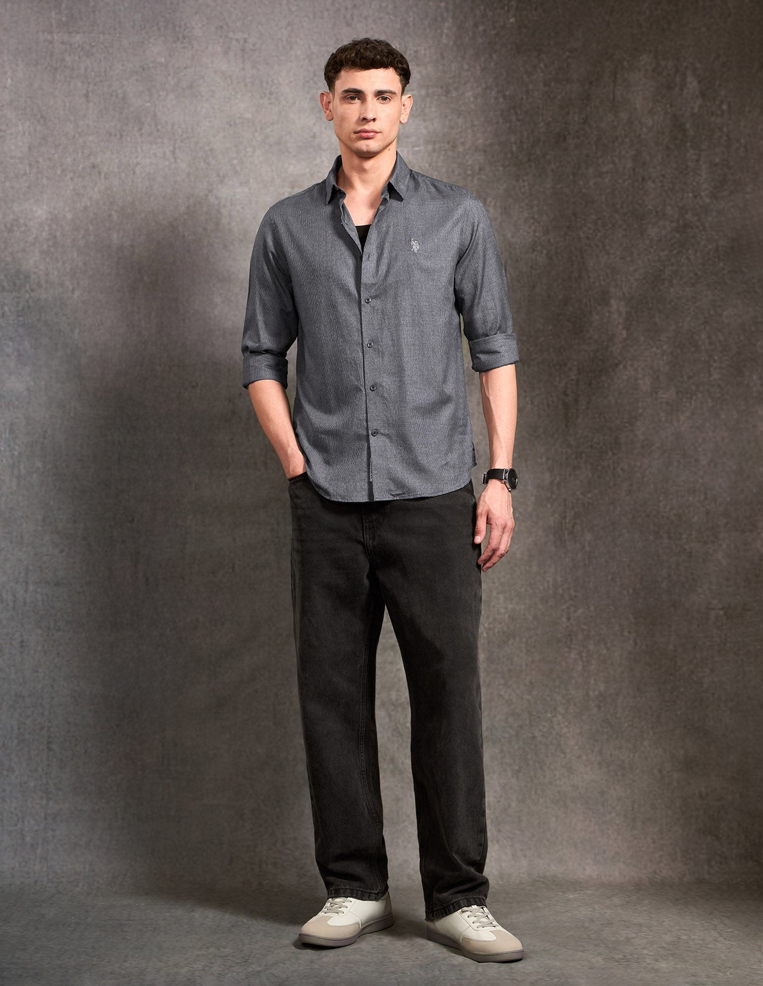 Black & Gold Self Design Houndstooth Shirt Charcoal - U.S. POLO ASSN. | Large