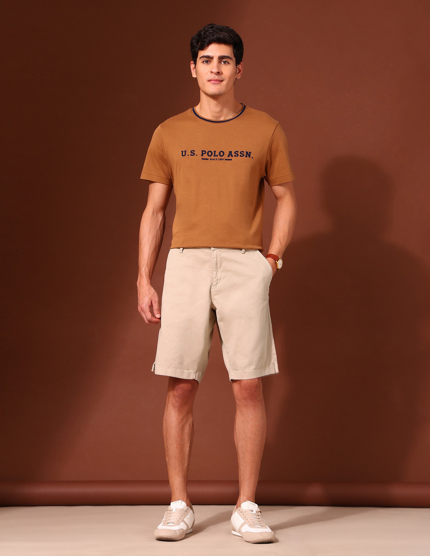 Solid Slim Fit Chino Shorts Khaki - U.S. Polo Assn. India | Large
