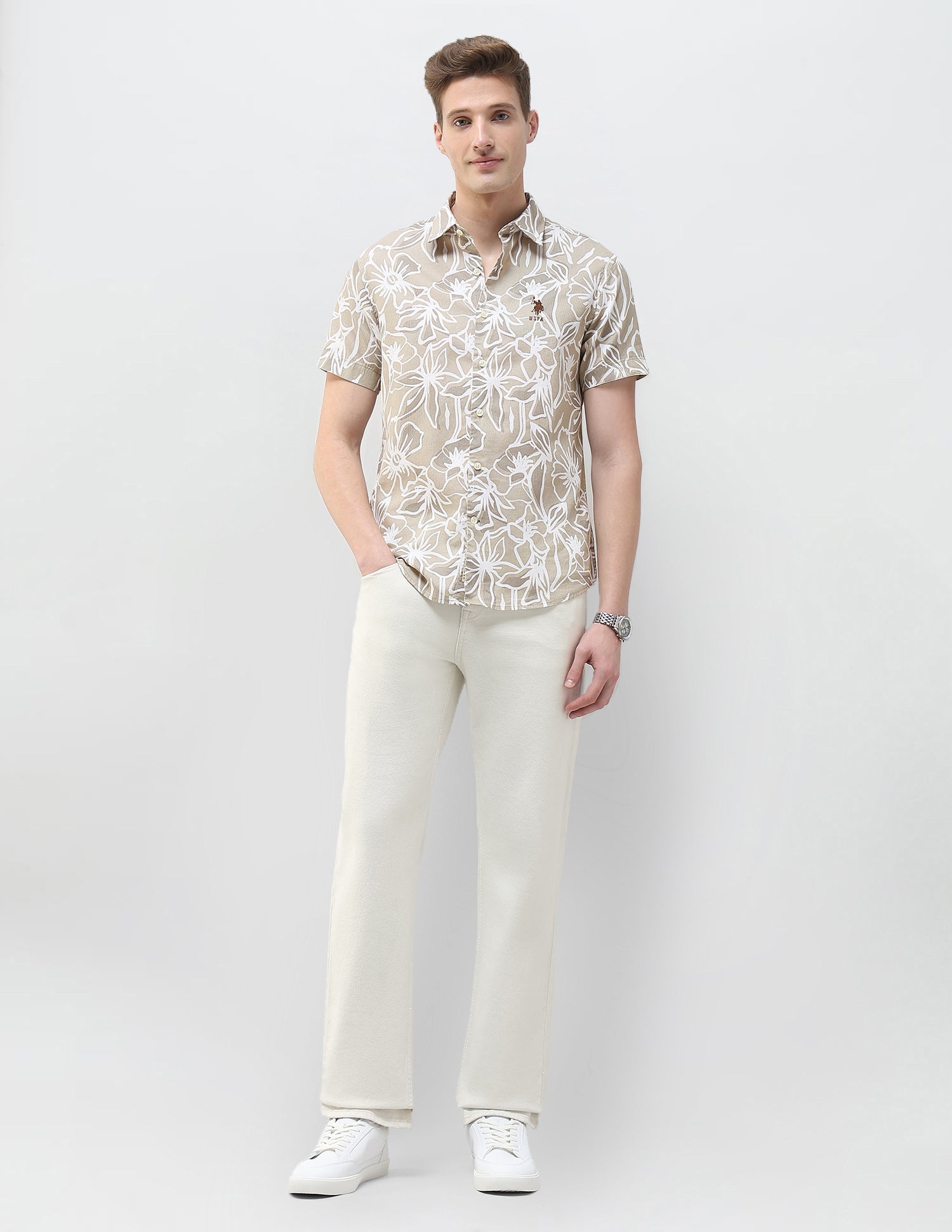 Floral Printed Summer House Shirt Khaki - U.S. Polo Assn. India | Large