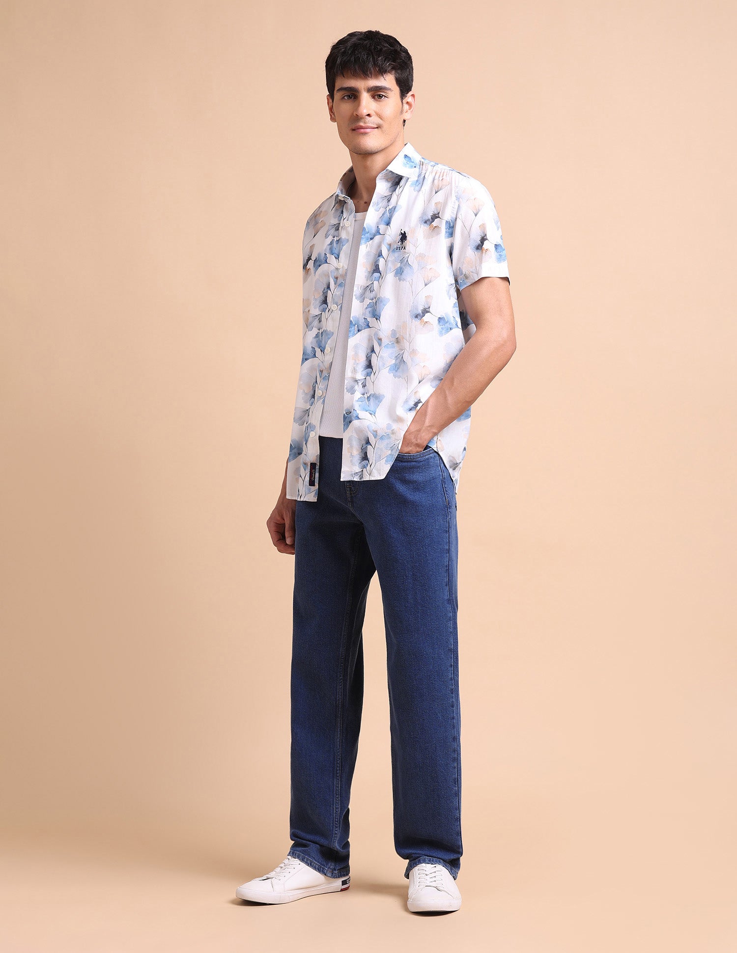 Floral Printed Slim Fit Shirt Blue - U.S. POLO ASSN. | Large