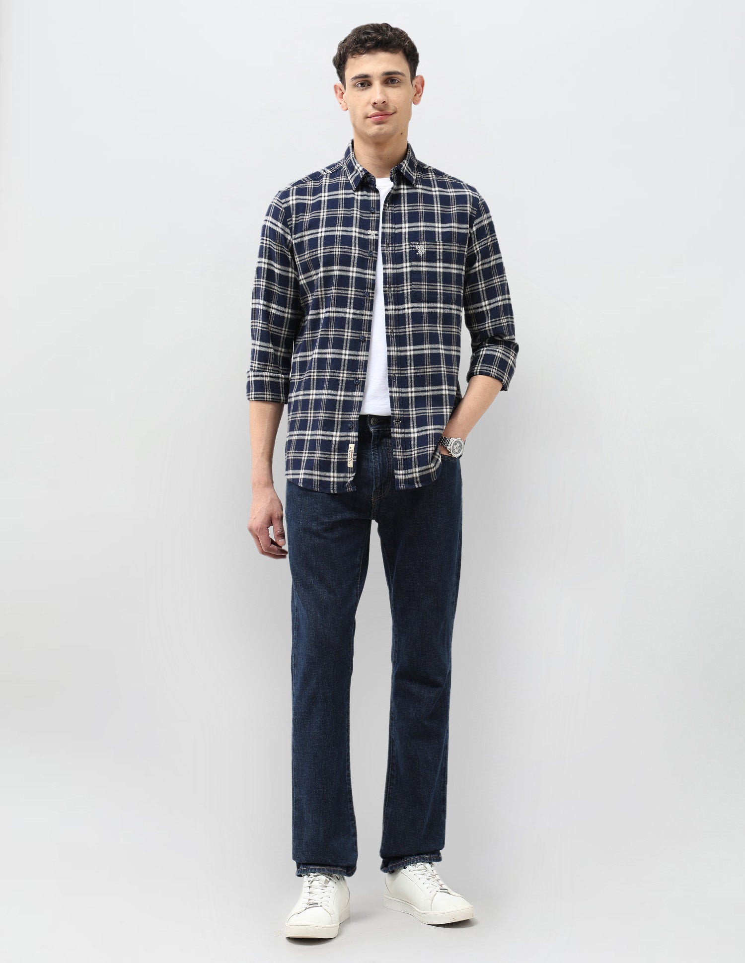 Tartan Checked Herringbone Shirt Navy - U.S. POLO ASSN. | Large